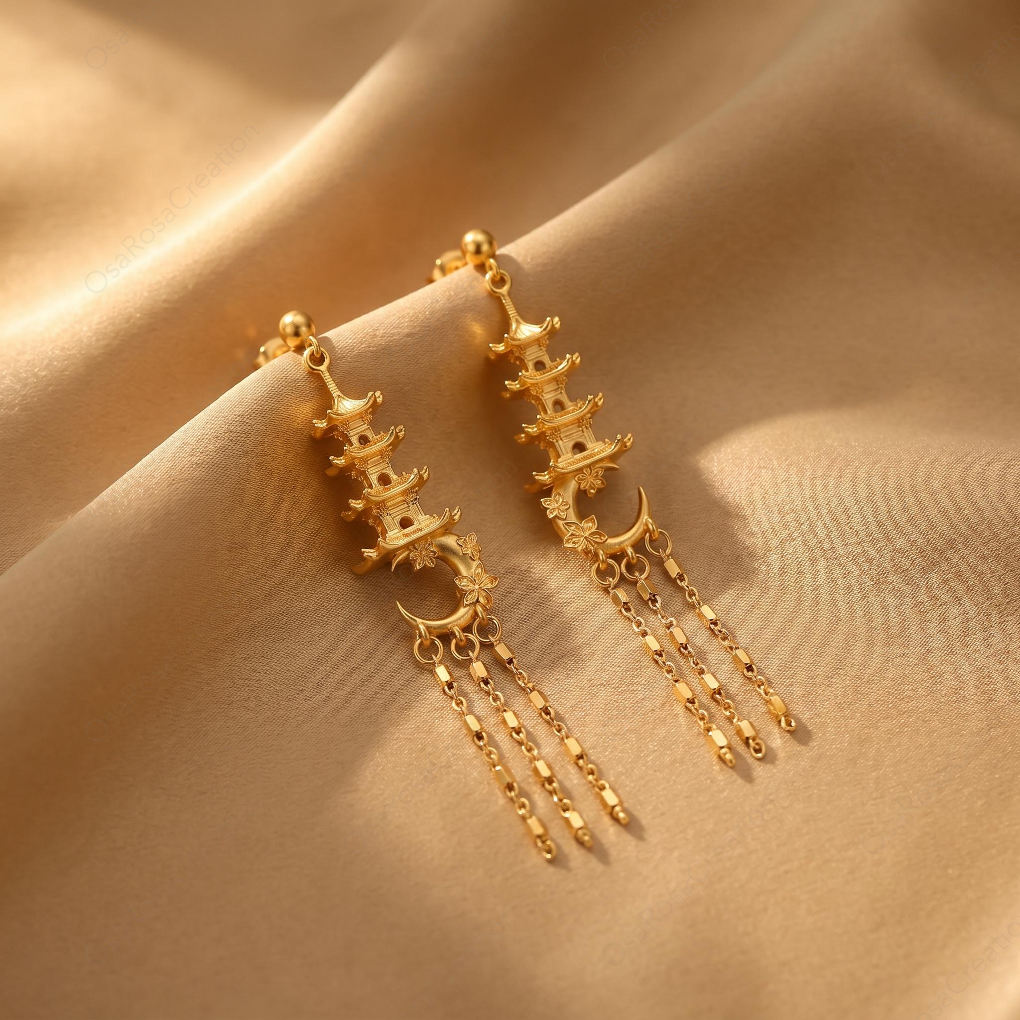 Moon Pagoda Earrings, Gold Temple Dangle Earrings, Crescent Tower Drop Earrings, Oriental Myth Jewelry