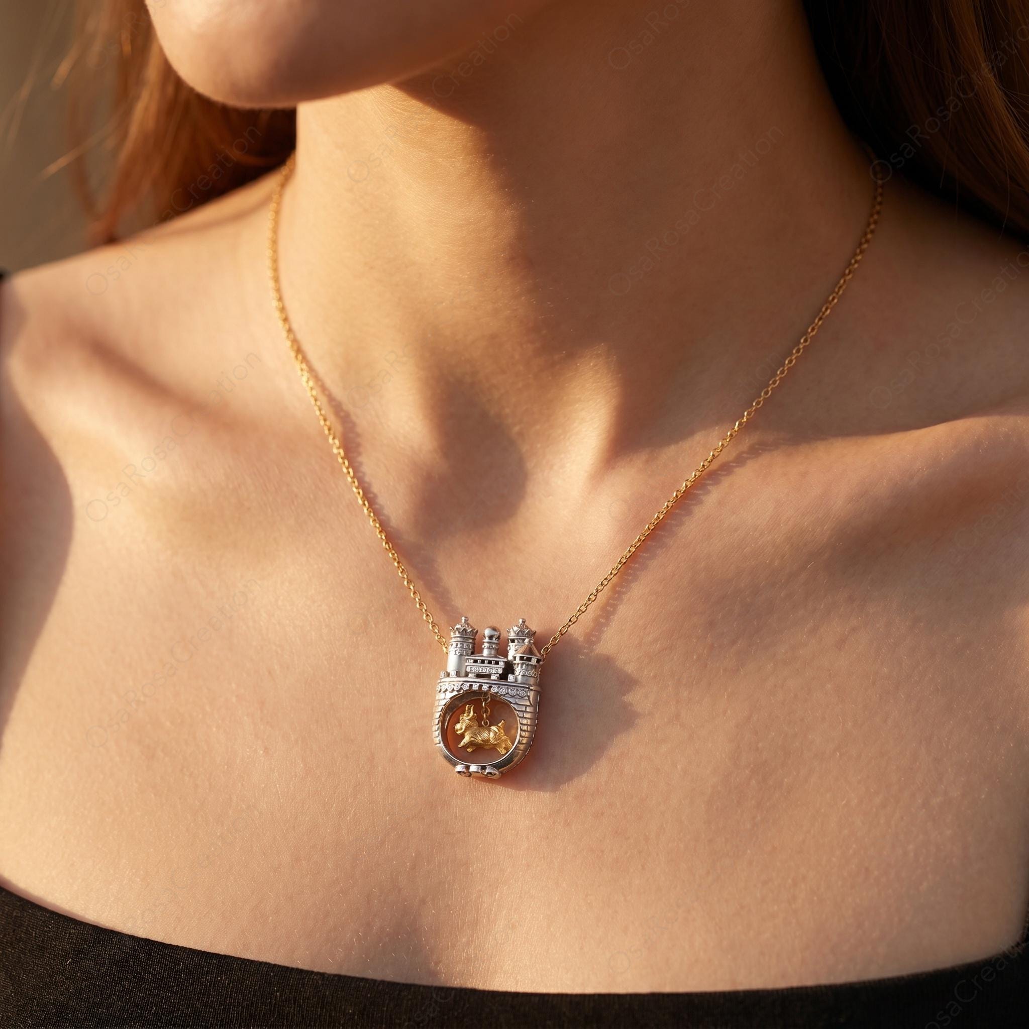 Mixed Metal Castle Dog Pendant Necklace, Fairytale Miniature Jewelry, Artistic Silver Choker