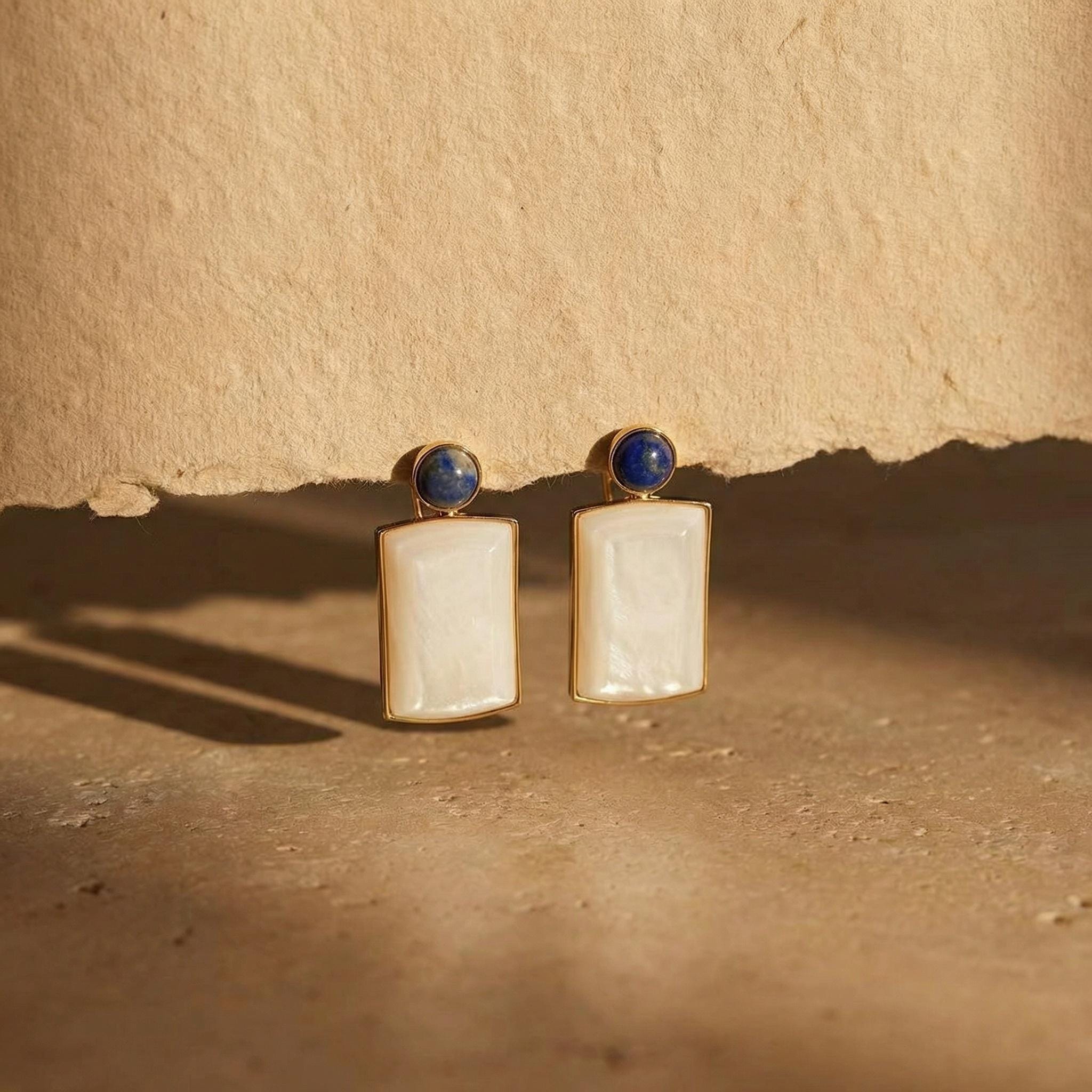 Art Deco Mother of Pearl Lapis Lazuli Earrings – 18K Gold Plated Sterling Silver Drops