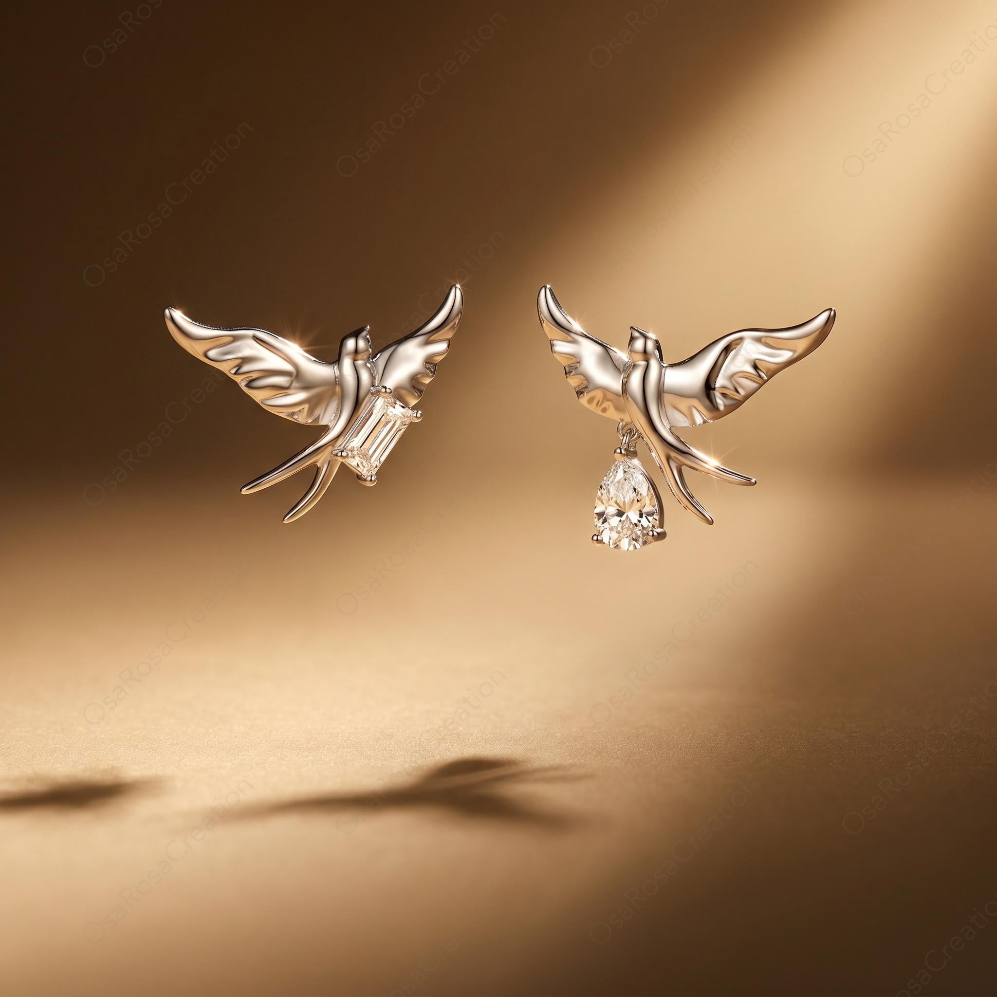 Asymmetrical Sterling Silver Swallow Earrings, Dangle Crystal Nature Jewelry