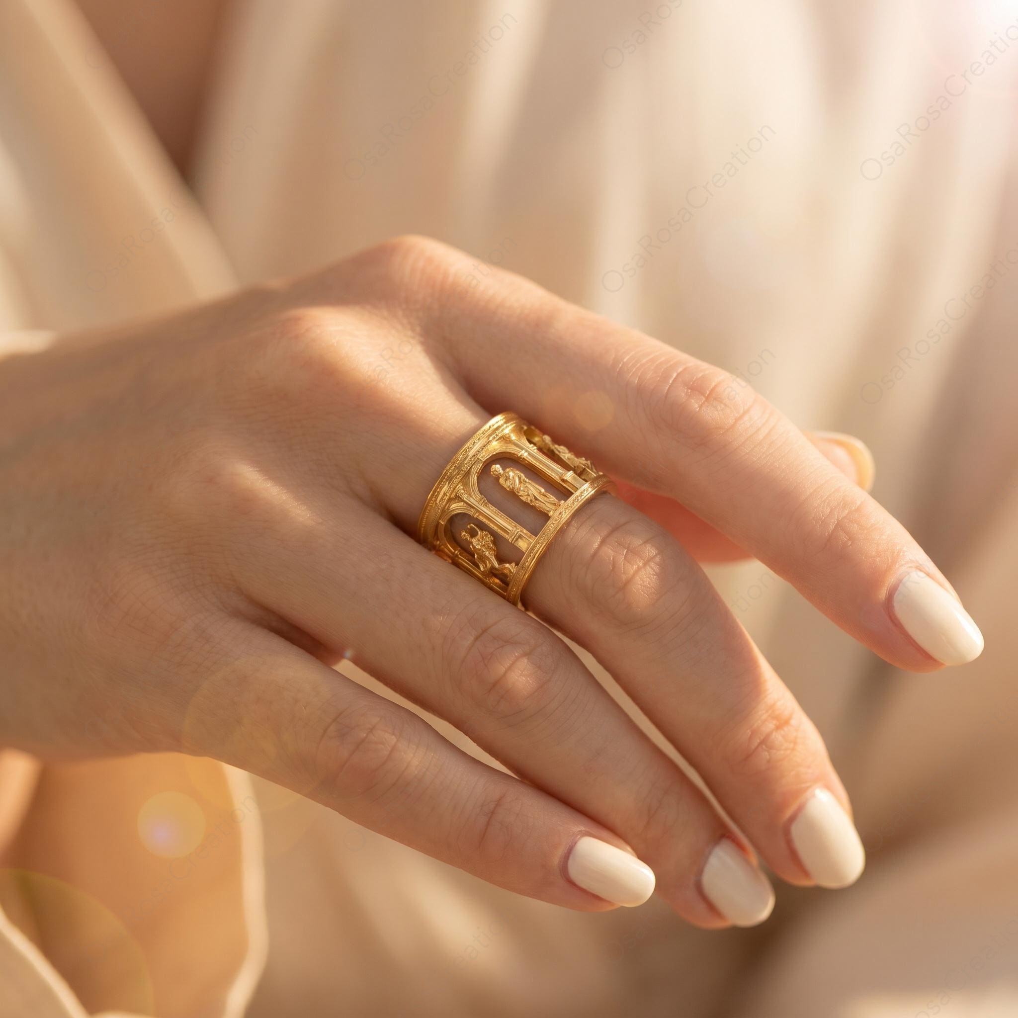 Architectural Gold Ring, Ancient Temple Ring, Classical Column Ring, Sculptural Wide Band Ring, Artistic Statement Ring, Museum Jewelry