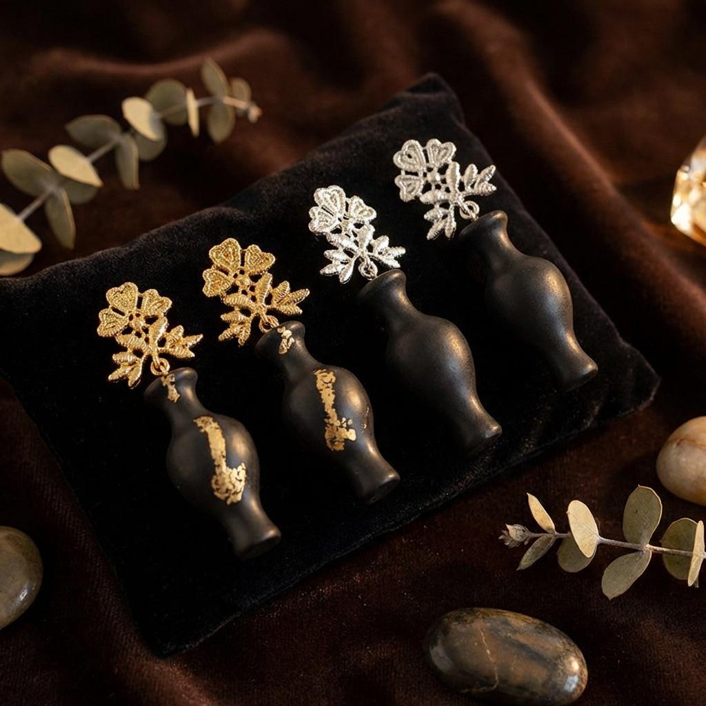 Kintsugi Vase Earrings • Gold Foil Black Ebony Style Drop