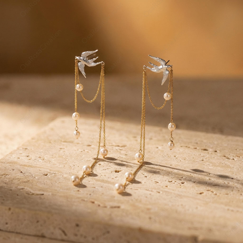 Silver Bird Pearl Drop Earrings: Nature Inspired Bridal Jewelry