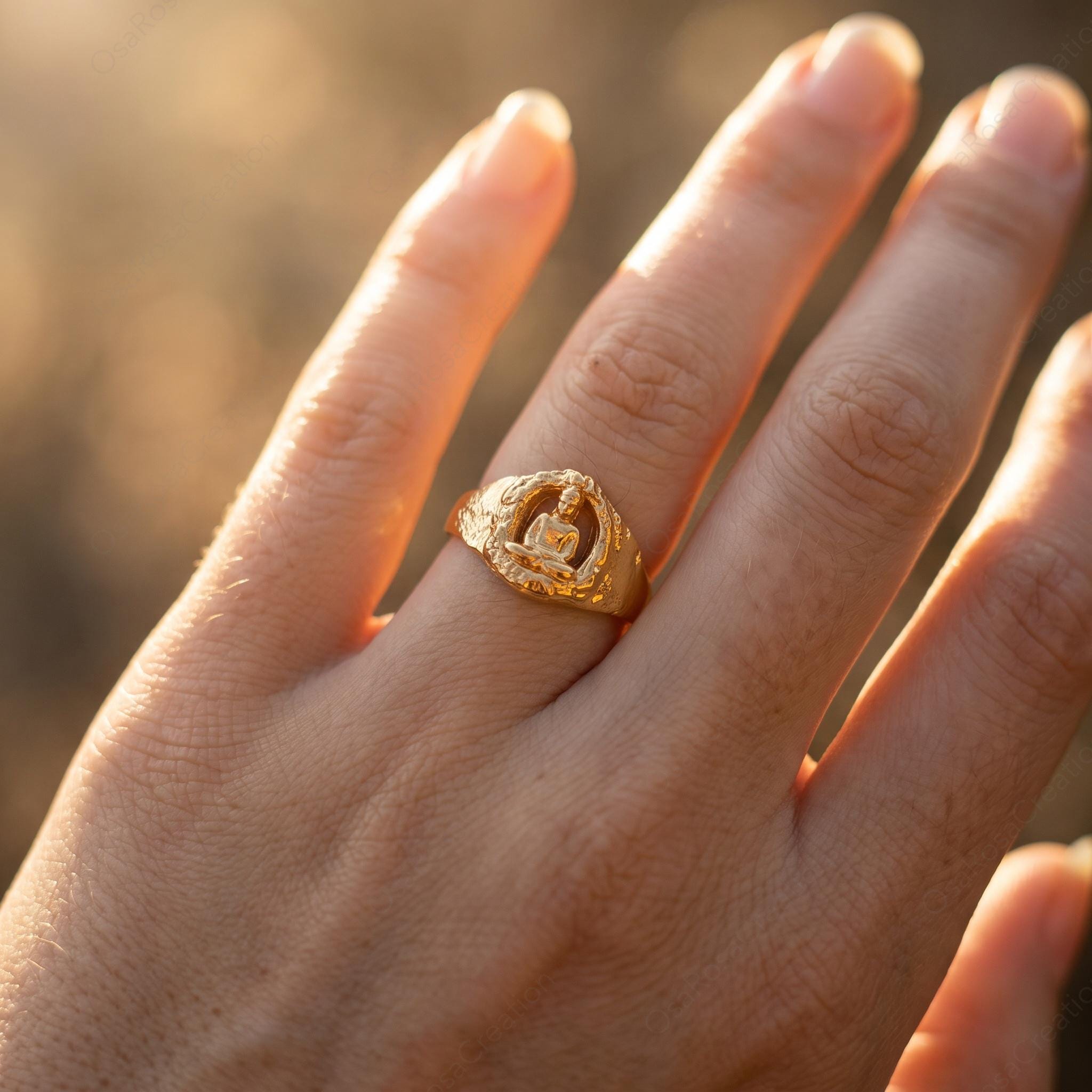 Gold Buddha Ring, Sculptural Zen Meditation Jewelry, Hollow Out Statement Ring
