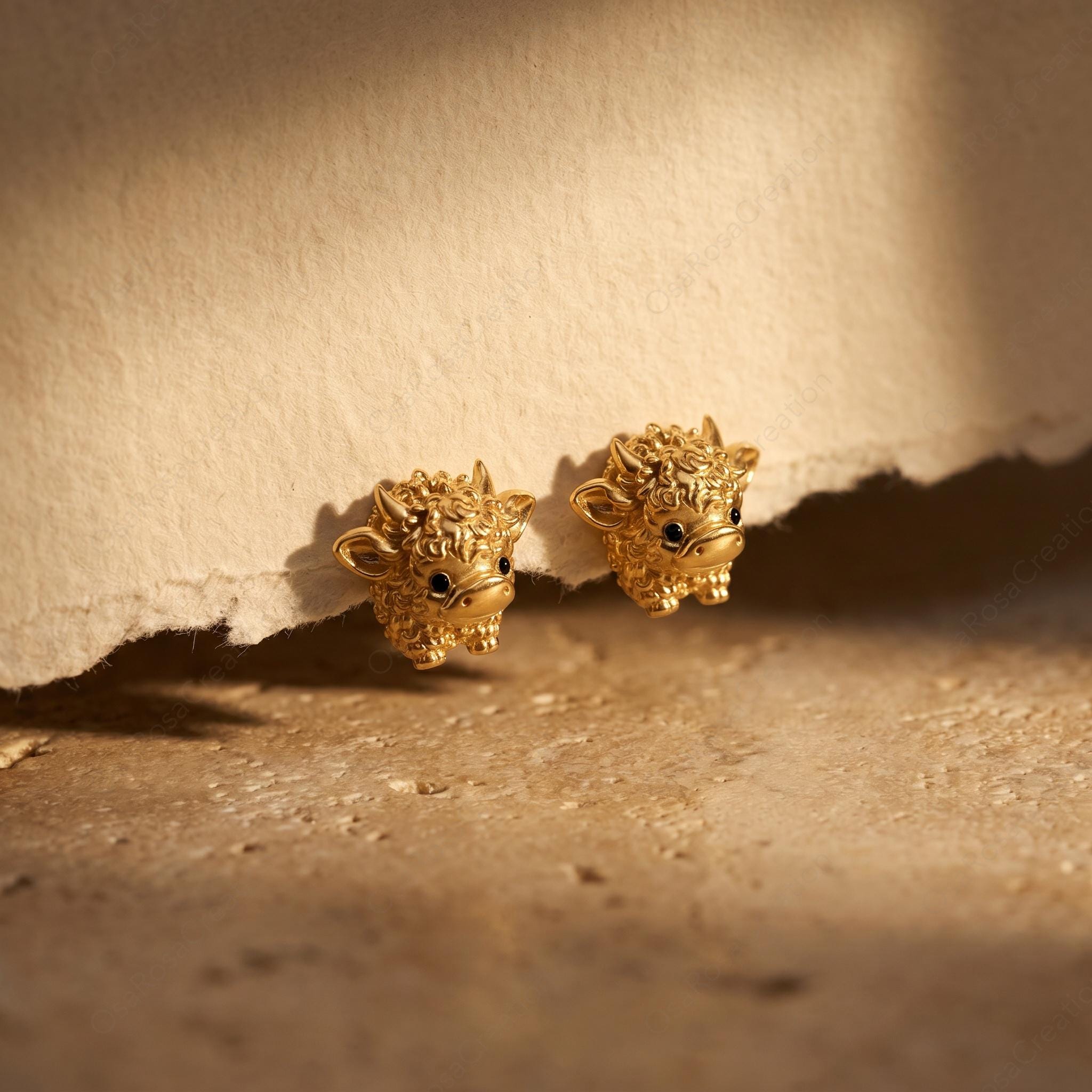 Gold Highland Cow Stud Earrings, Dainty Nature Inspired Jewelry, Sterling Silver Posts