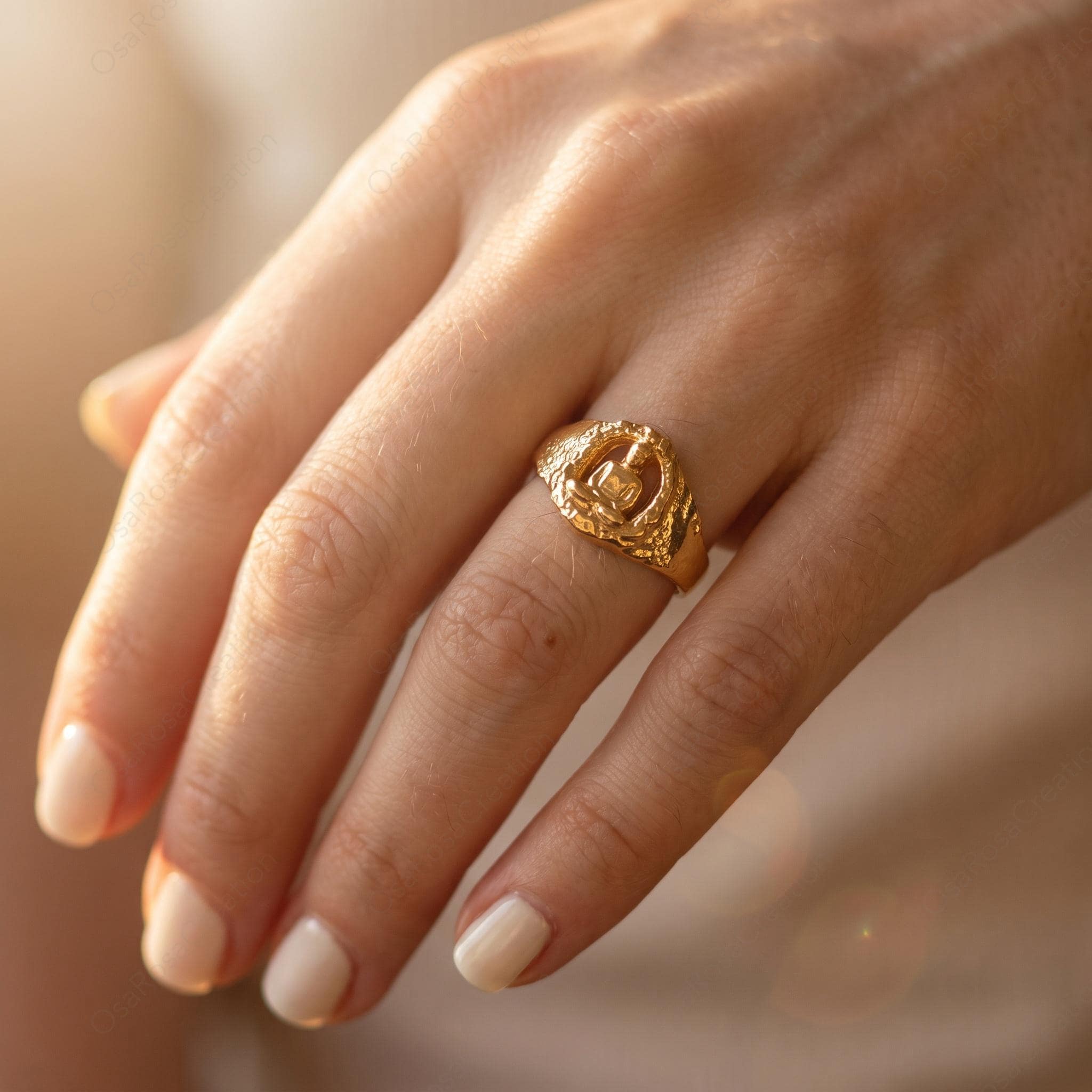 Gold Buddha Ring, Sculptural Zen Meditation Jewelry, Hollow Out Statement Ring