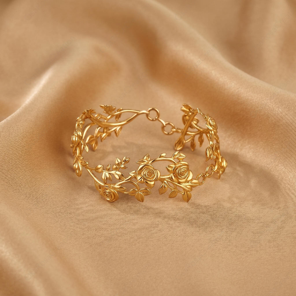 18k Gold Plated Rose Vine Bracelet • Art Nouveau Floral Cuff