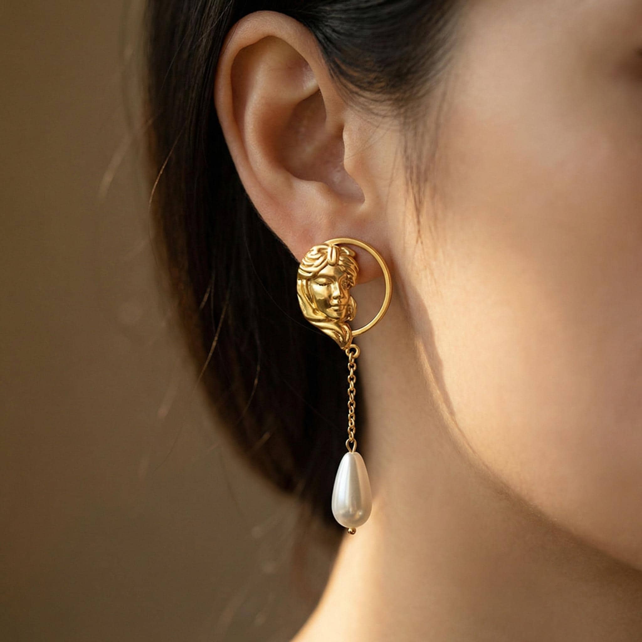 Aphrodite Goddess Earrings • 18k Gold Coin & Teardrop Pearl