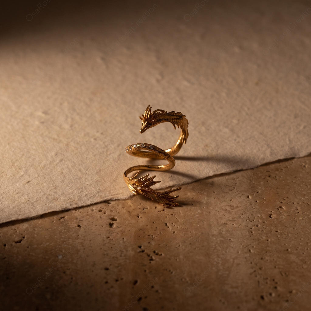 Gold Dragon Ring, Sculptural Wrap Ring, Elegant Mythical Jewelry, Artistic Animal Ring, Delicate Crystal Ring, Quiet Luxury Statement Piece