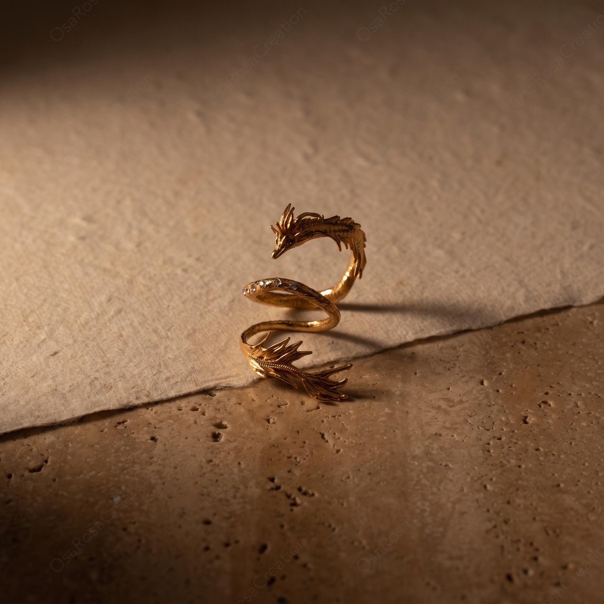 Gold Dragon Ring, Sculptural Wrap Ring, Elegant Mythical Jewelry, Artistic Animal Ring, Delicate Crystal Ring, Quiet Luxury Statement Piece