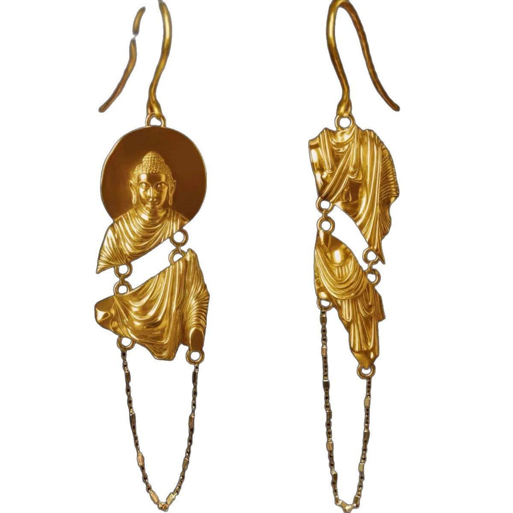 Buddha Dangle Earrings, Gold Plated Brass Statement Earrings, 925 Sterling Silver Hooks, Sacred Wisdom Talisman, Unique Art Jewelry