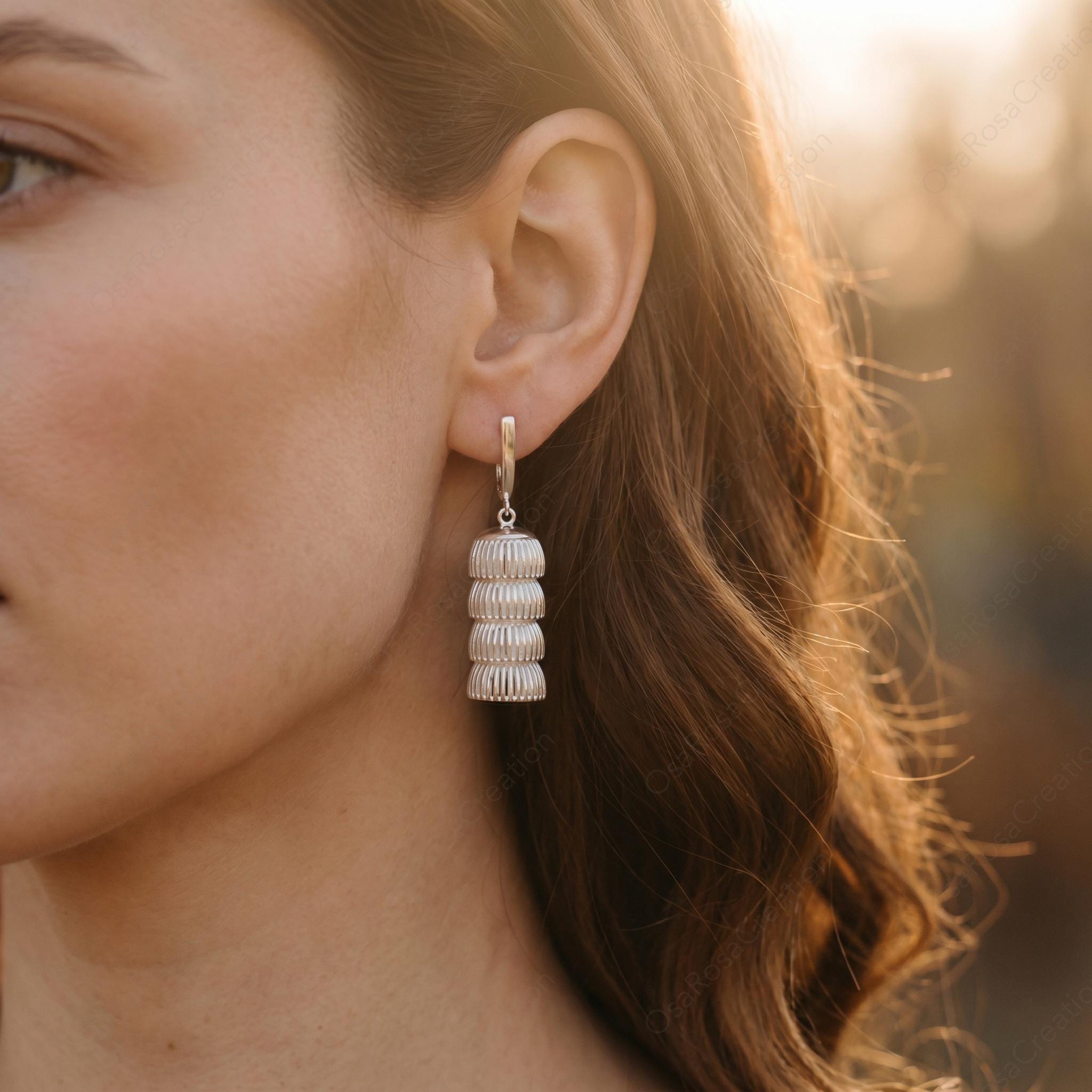 Sculptural Gold Drop Earrings, Fluted Column Dangle Jewelry, Artistic Minimalist Gift