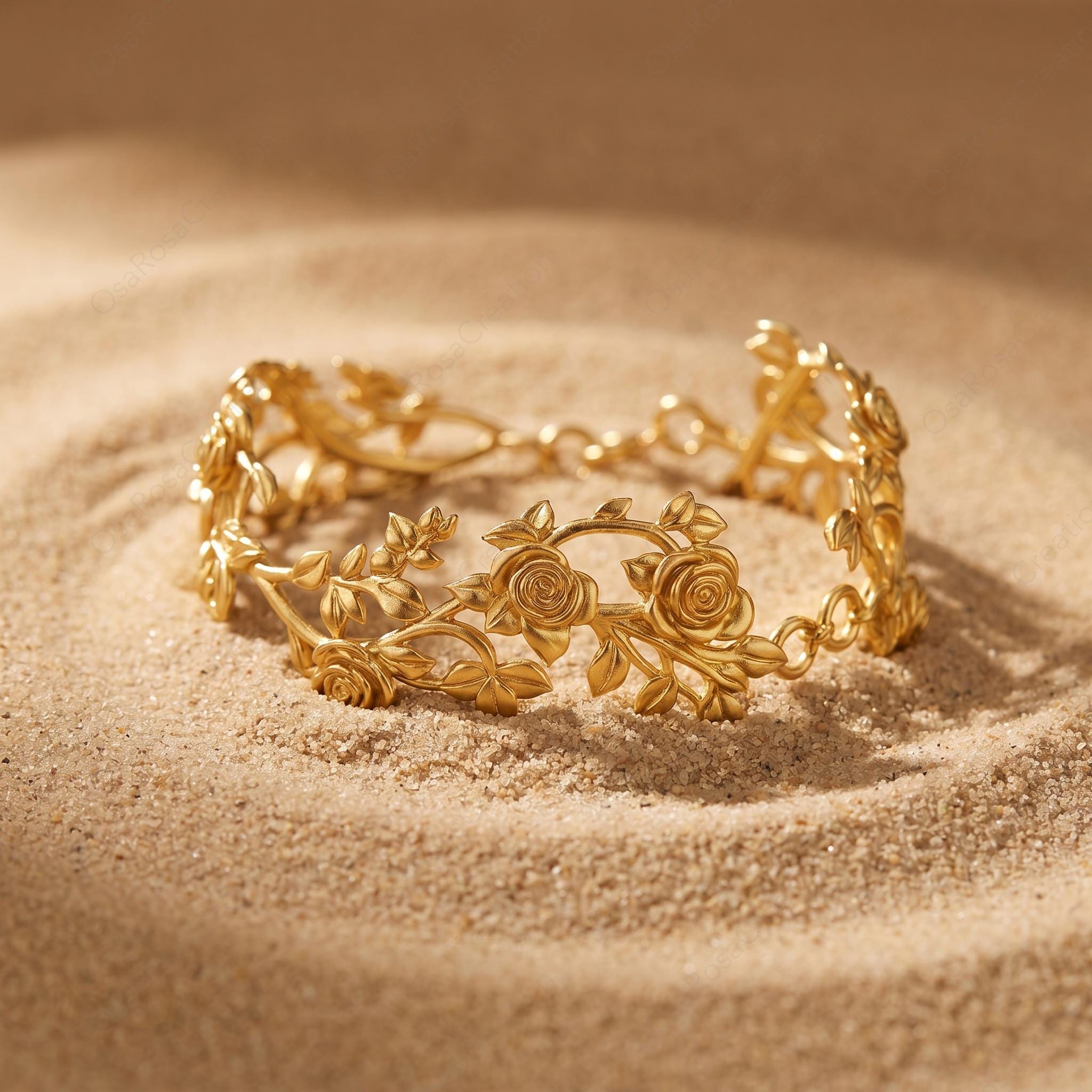 18k Gold Plated Rose Vine Bracelet • Art Nouveau Floral Cuff