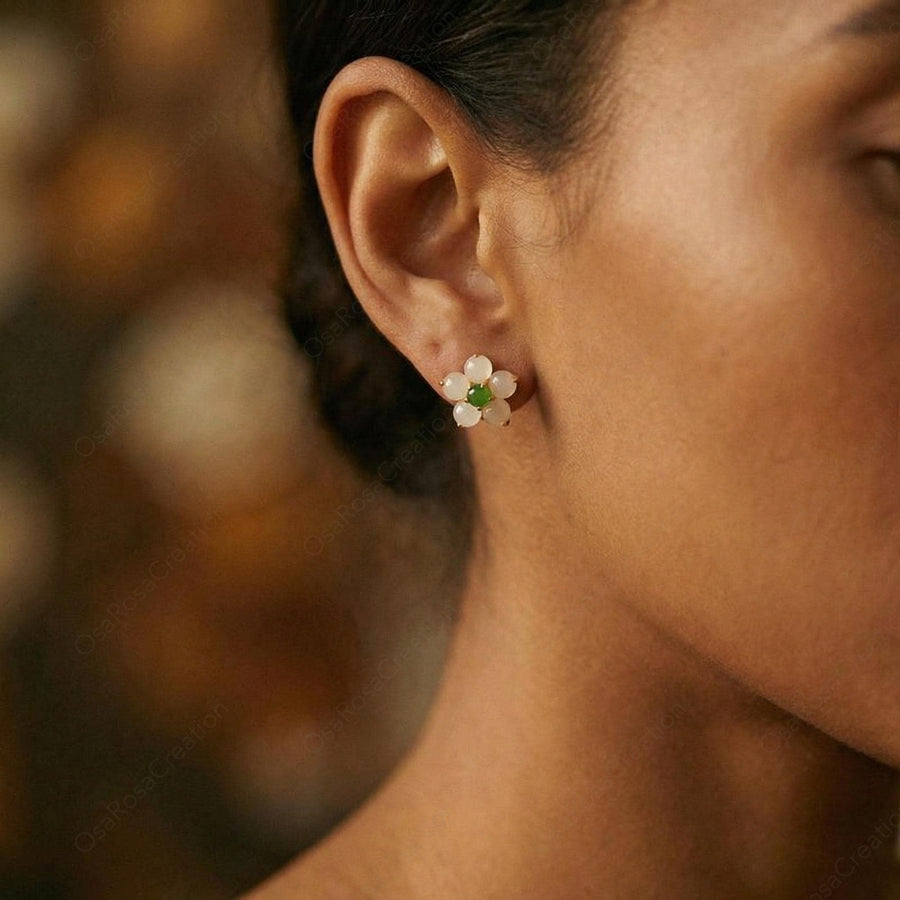 White Flower Greenstone Earrings