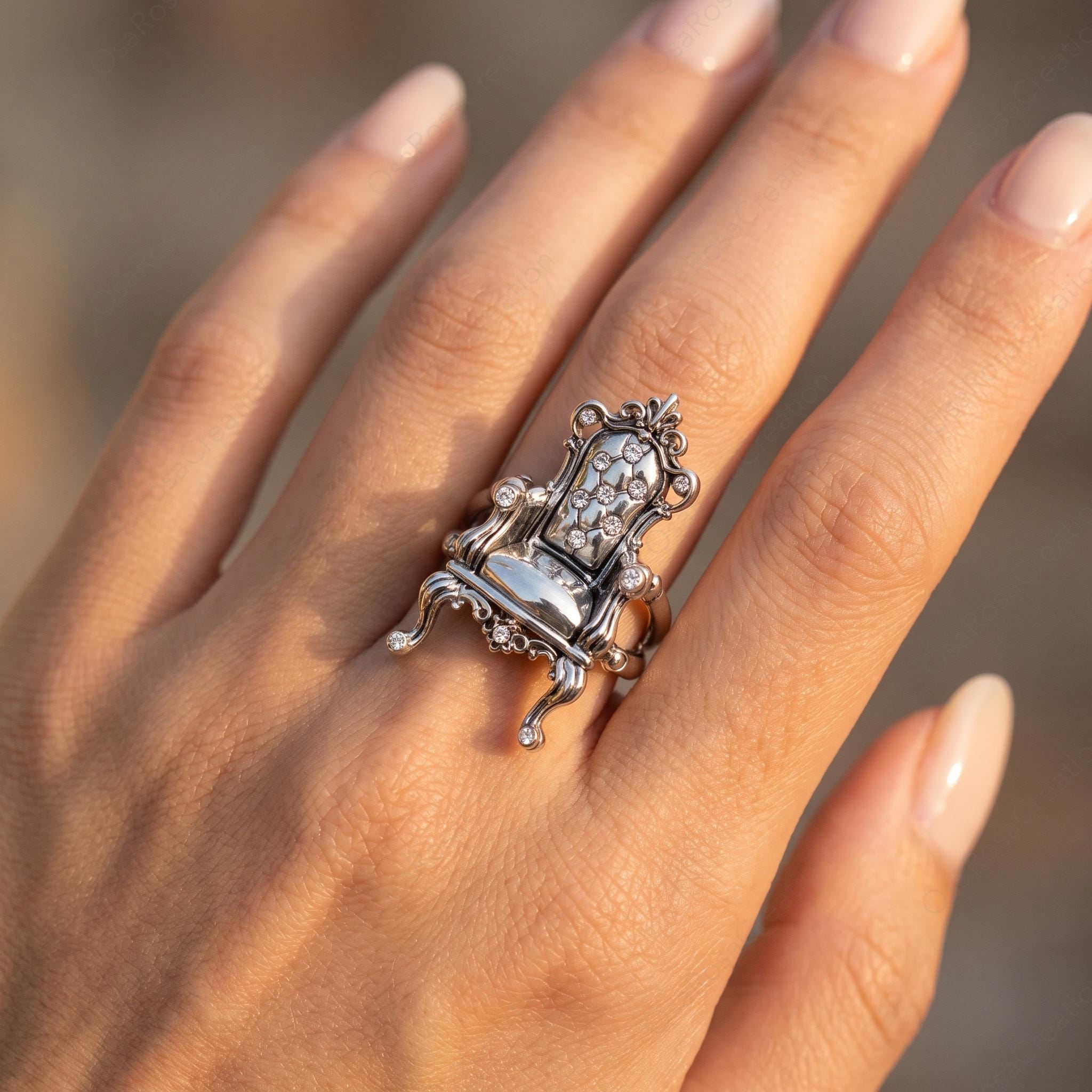 Baroque Throne Ring, Platinum-Plated Brass Sculptural Chair Jewelry, Vintage Inspired Statement Ring