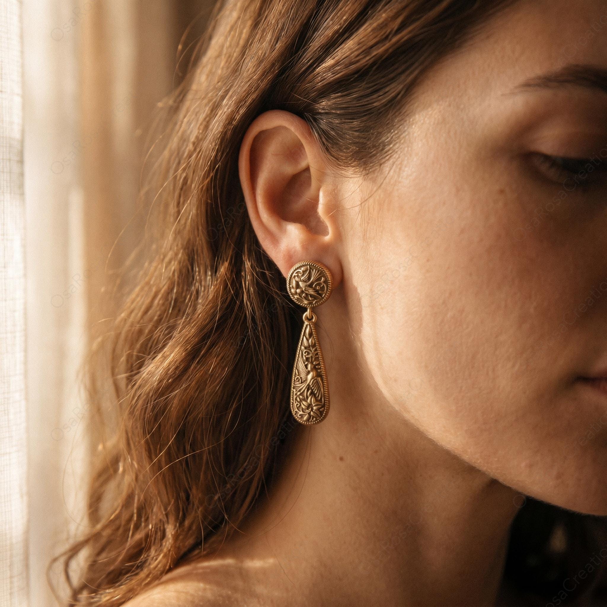 Gold-Plated Brass Botanical Teardrop Earrings, Victorian Embossed Dangle Jewelry