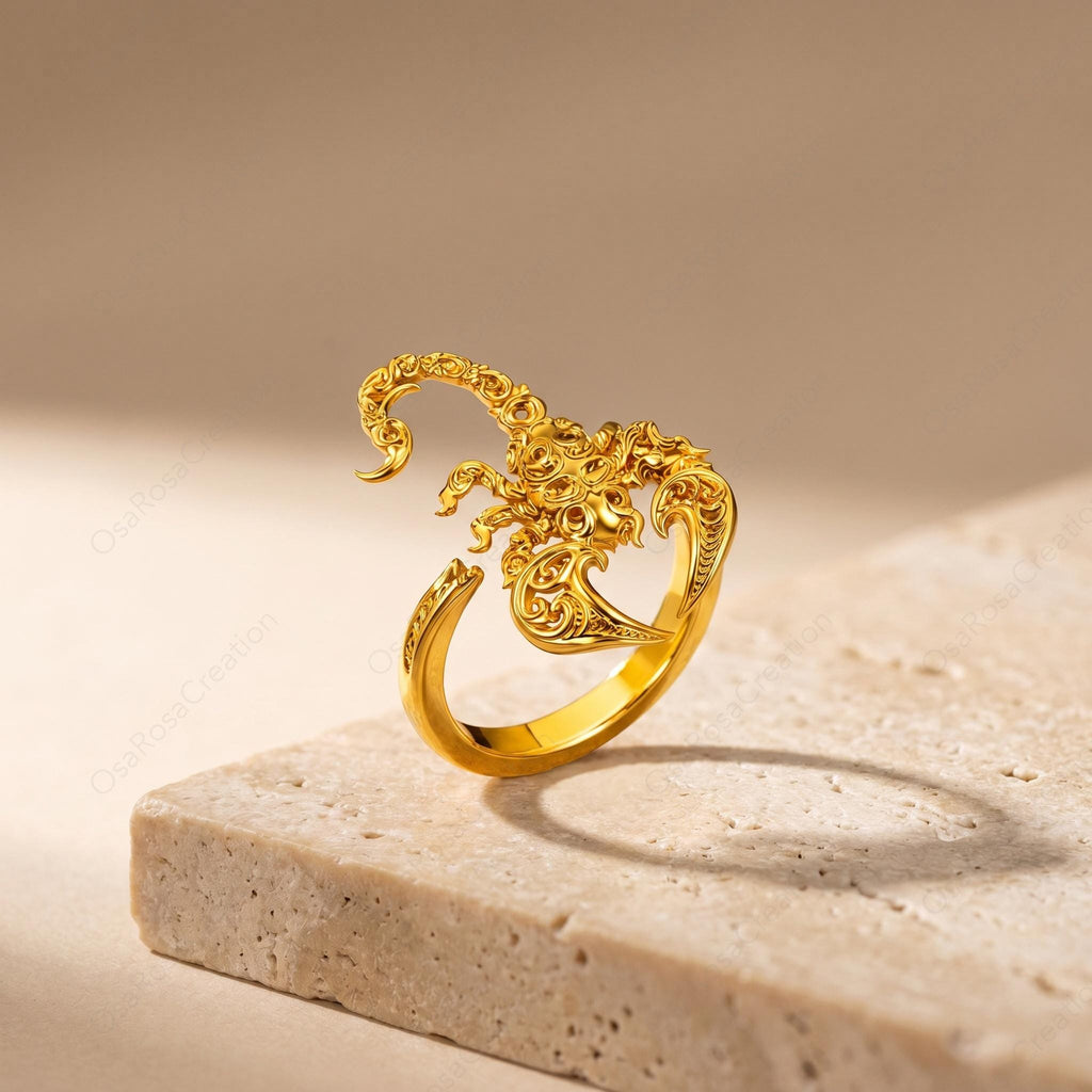 Gold Scorpion Ring, Baroque Engraved Animal Statement Jewelry, Adjustable Talisman Band