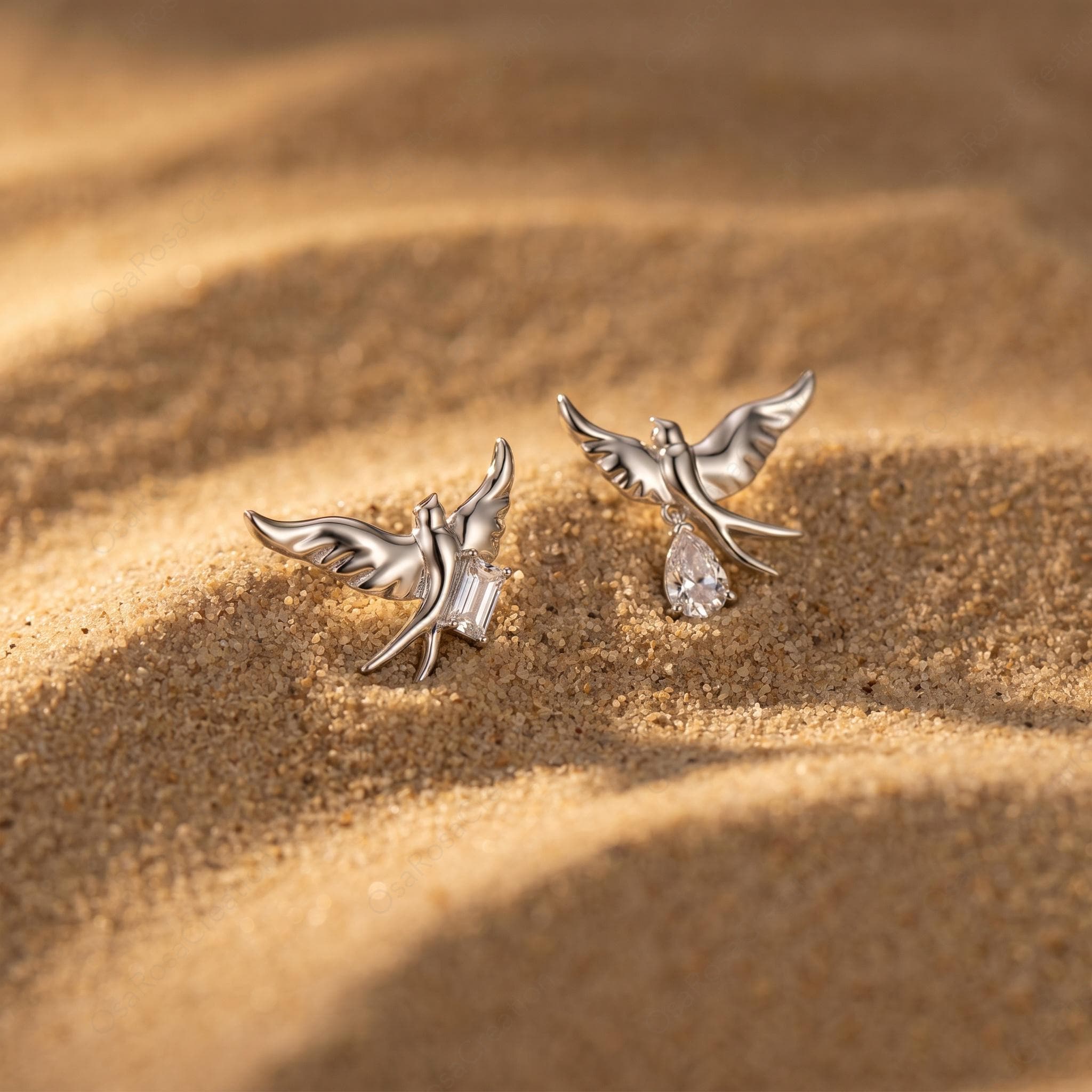 Asymmetrical Sterling Silver Swallow Earrings, Dangle Crystal Nature Jewelry
