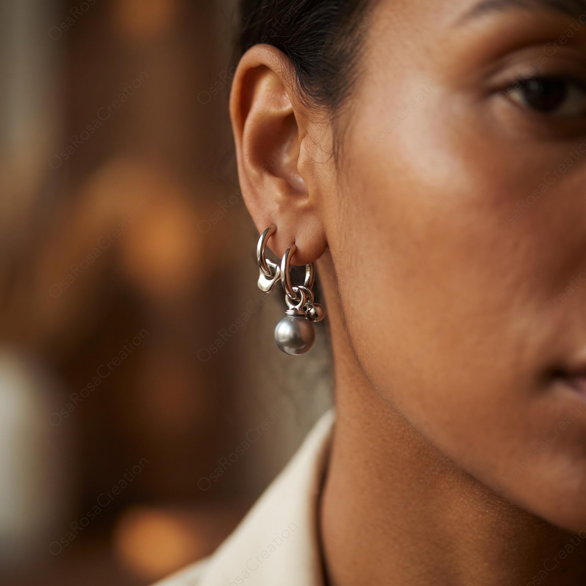 Asymmetrical Silver Hoop Earrings, Fluid Metal Pearl Drop Earrings, Modern Sculptural Jewelry, Mismatched Huggie Hoops