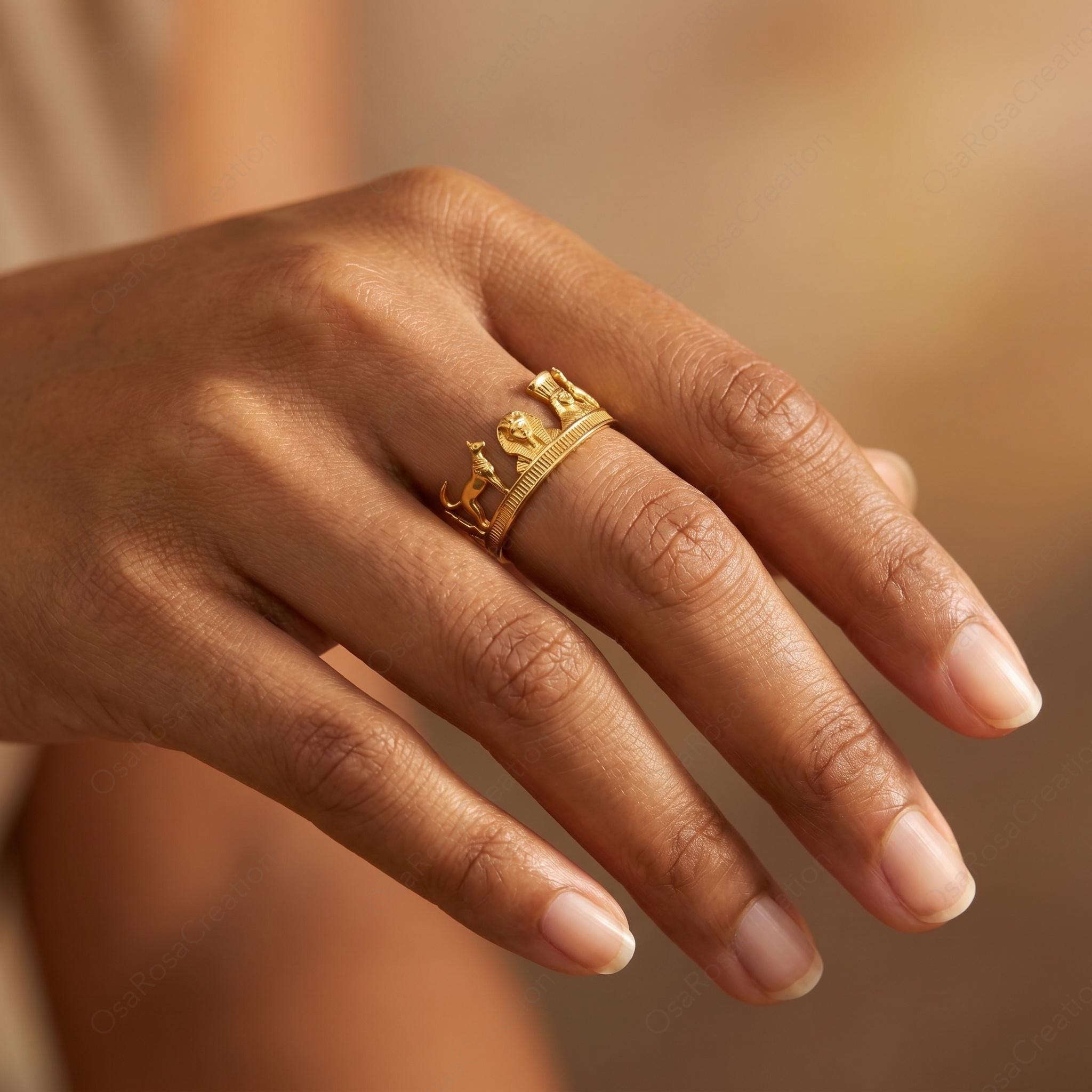Gold Anubis Pharaoh Ring, Sculptural Statement Jewelry, Copper Plated Band