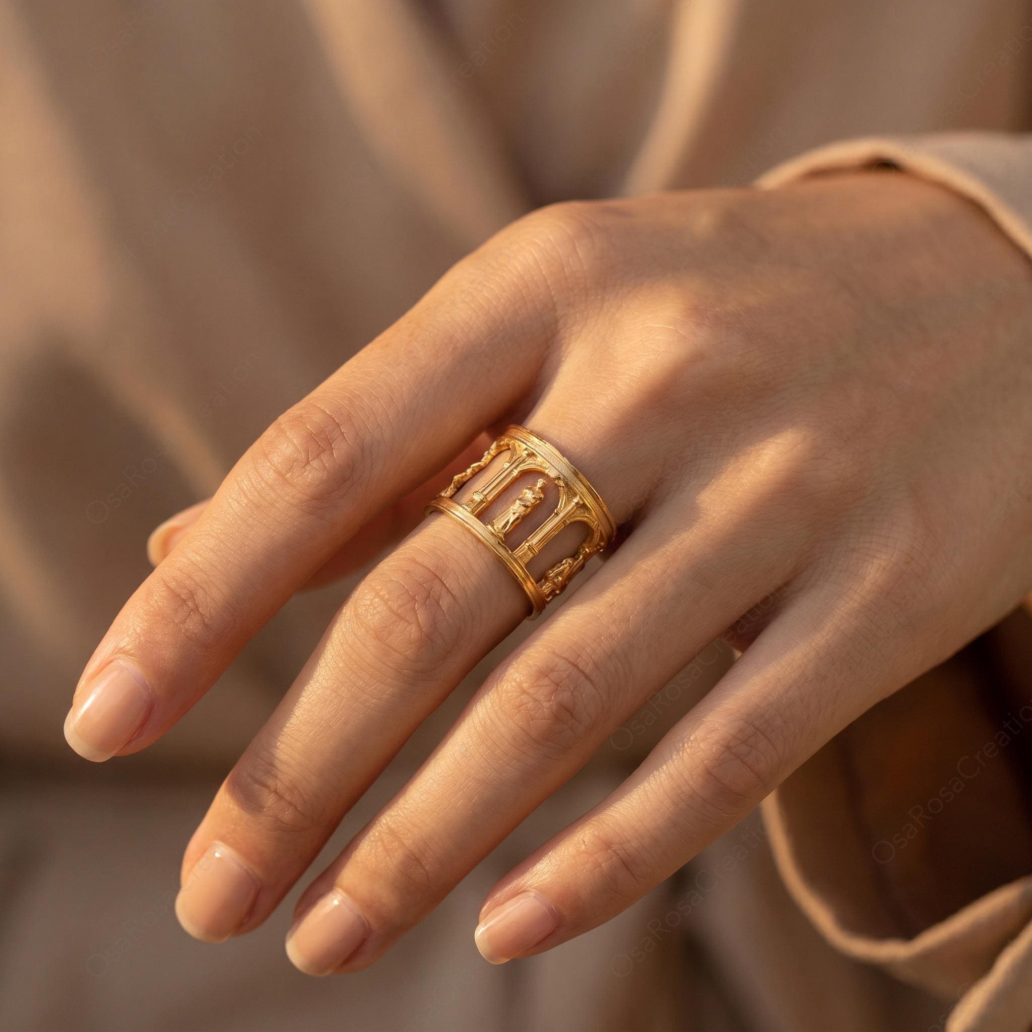 Architectural Gold Ring, Ancient Temple Ring, Classical Column Ring, Sculptural Wide Band Ring, Artistic Statement Ring, Museum Jewelry