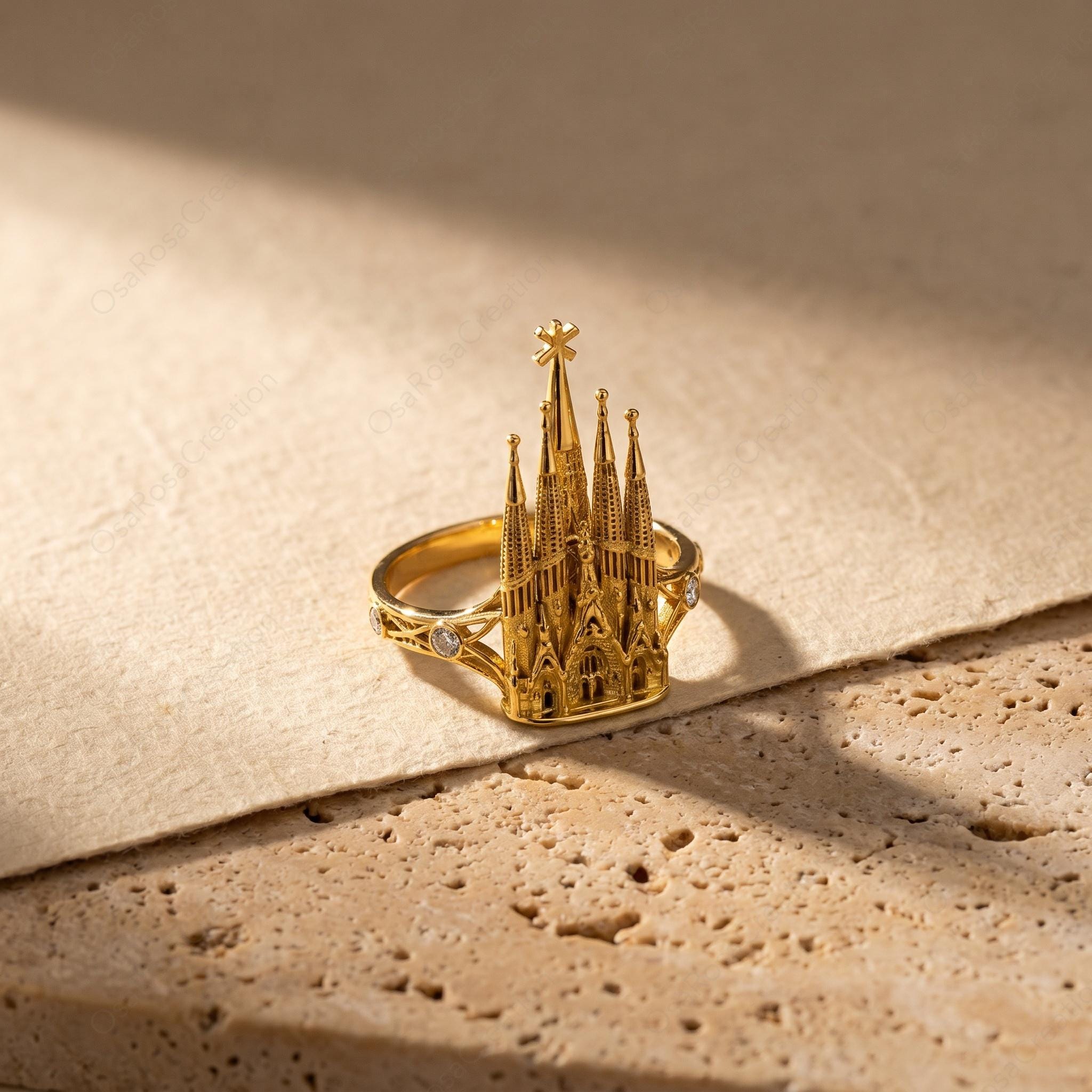 Sculptural Gold Sagrada Familia Ring, Gaudi Inspired Architectural Jewelry, Cubic Zirconia Accent