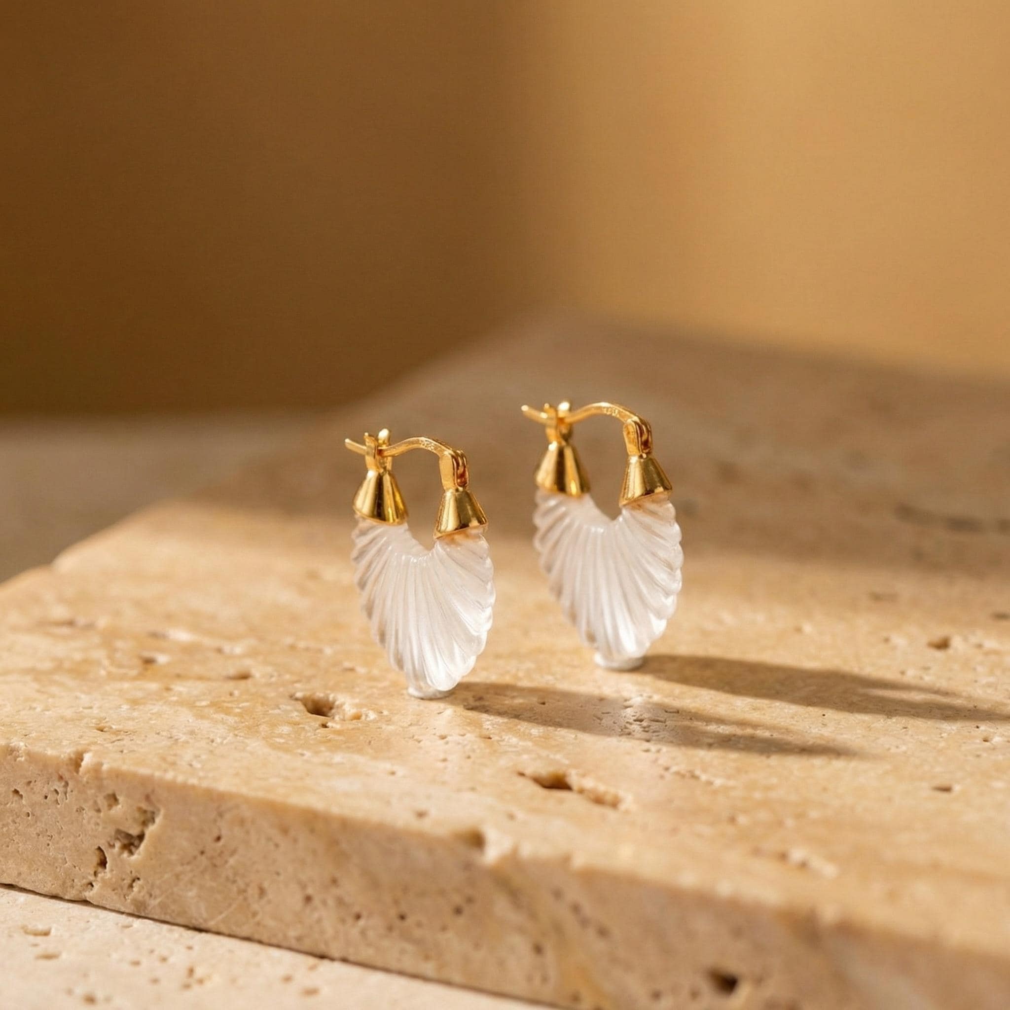 Carved Shell Hoop Earrings – Frosted Scalloped Drops, 18K Gold Plated Huggies