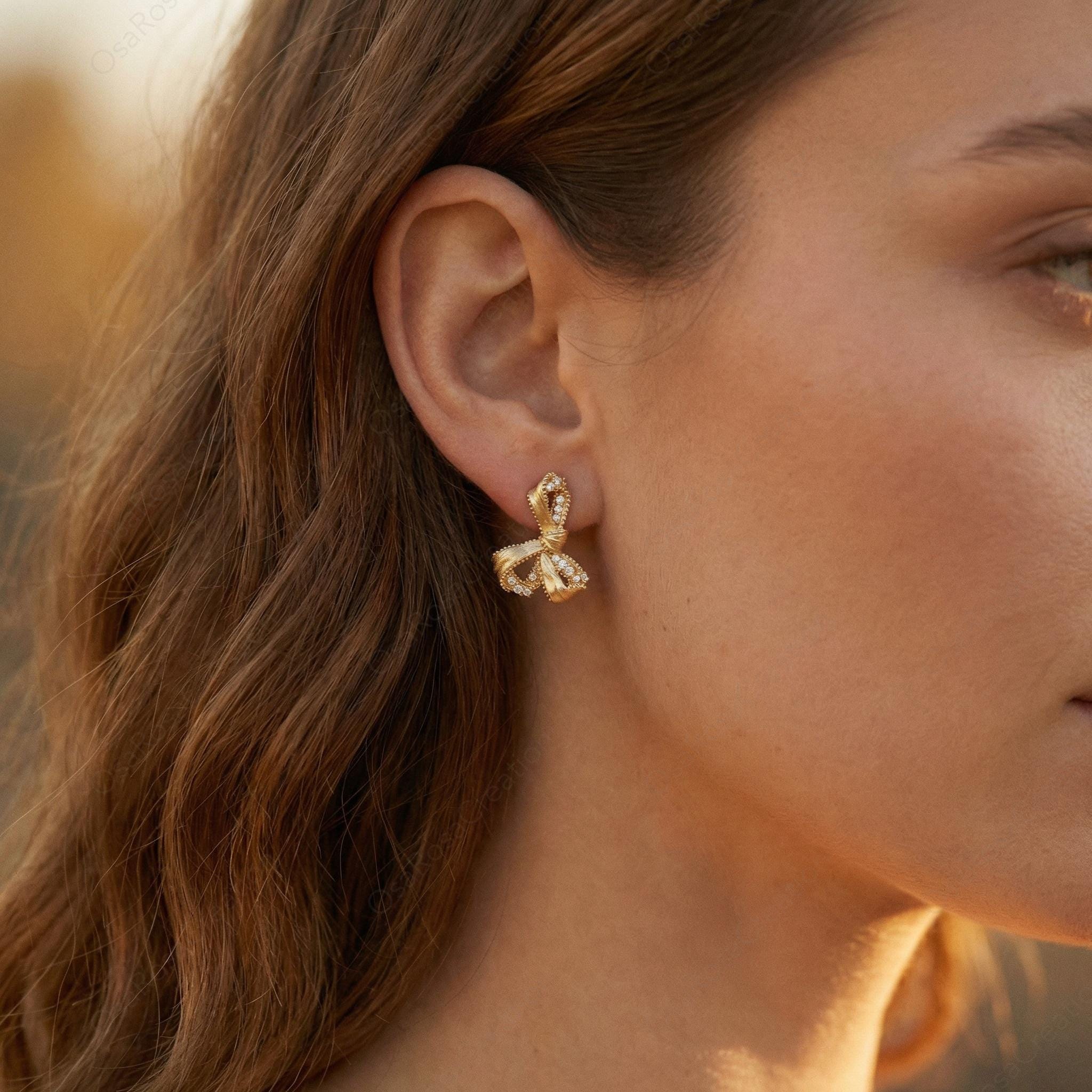 Gold Ribbon Crystal Stud Earrings | Vintage Style Bridal Jewelry