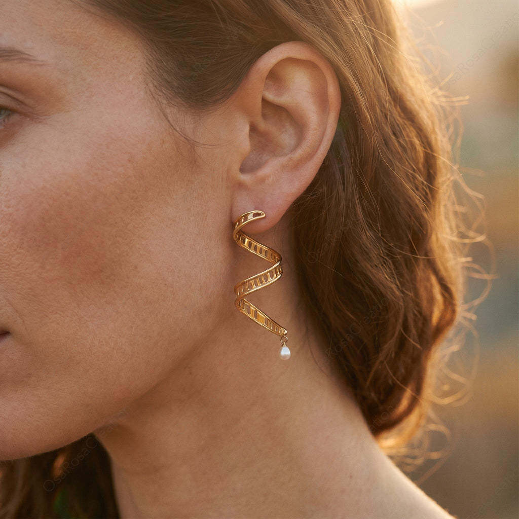 Gold DNA Helix Earrings • Pearl Drop, Science Jewelry