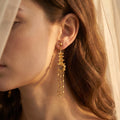 Moon Pagoda Earrings, Gold Temple Dangle Earrings, Crescent Tower Drop Earrings, Oriental Myth Jewelry