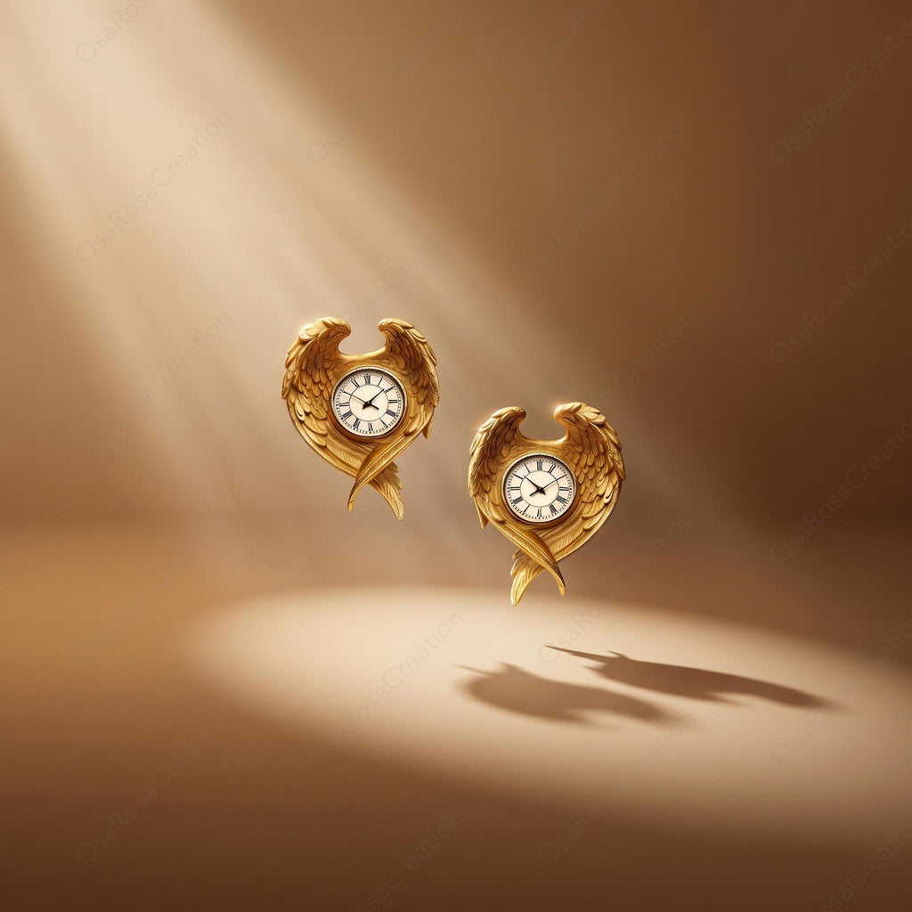 Gold Angel Wing Clock Earrings, Vintage Timepiece Studs, Surrealist Art Jewelry