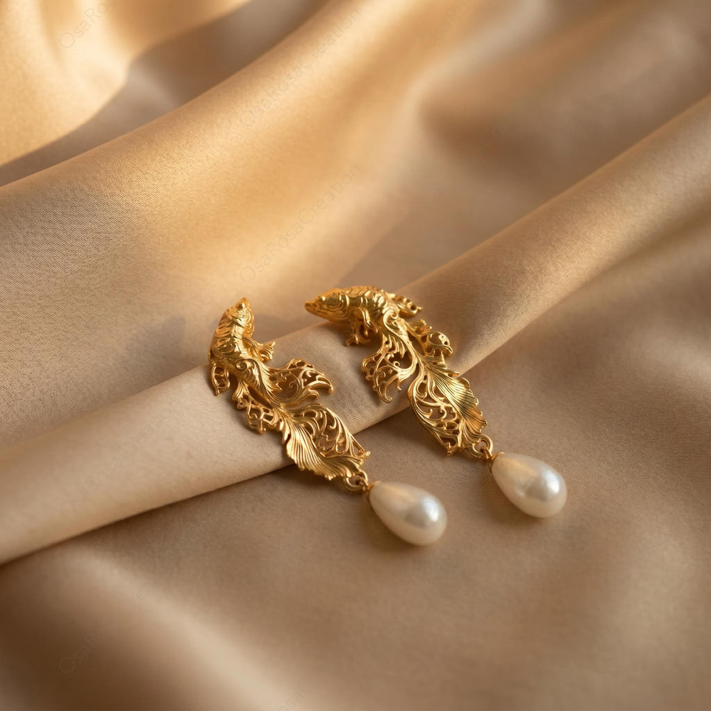Pisces Zodiac Earrings | Gold Fish Dangle with Pearl