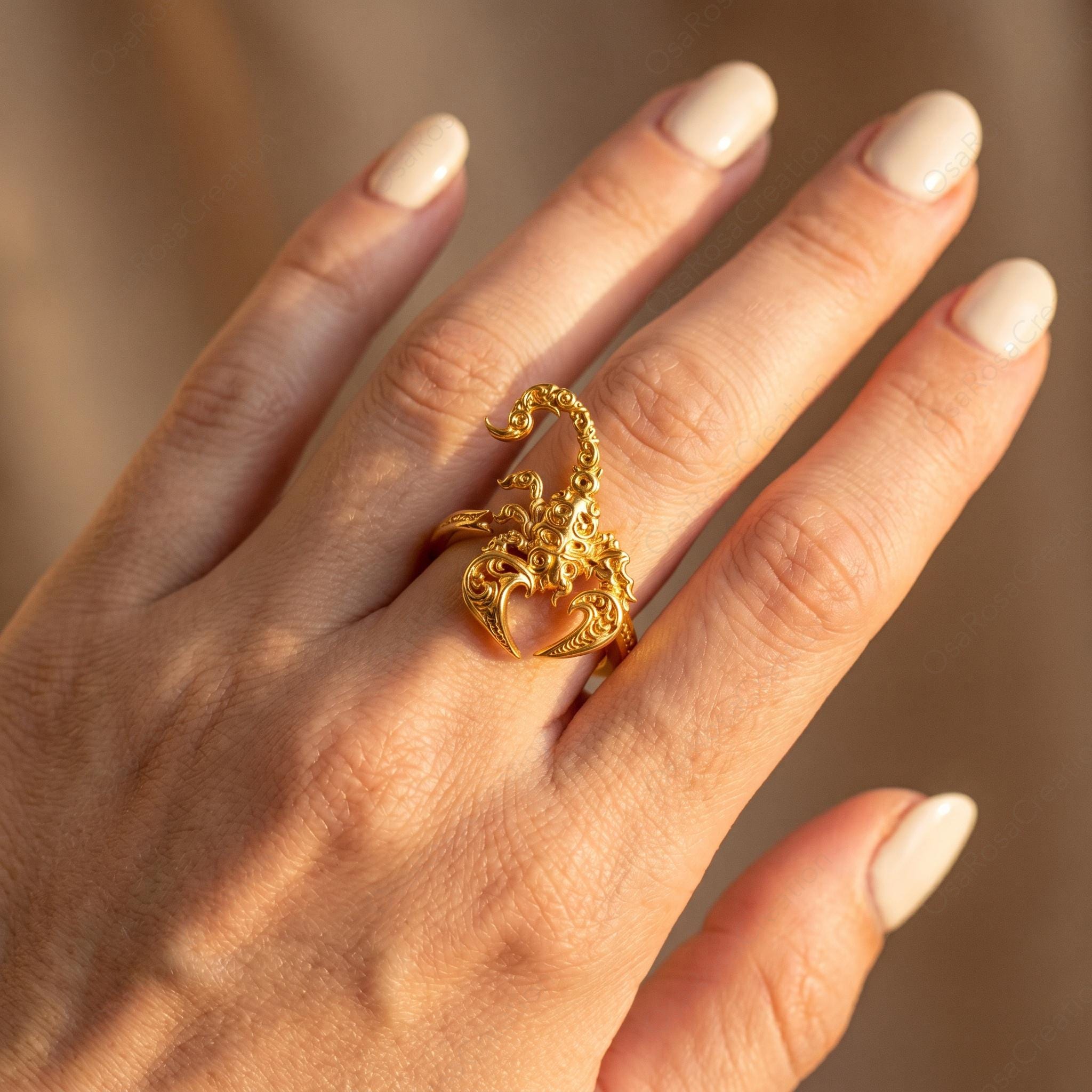 Gold Scorpion Ring, Baroque Engraved Animal Statement Jewelry, Adjustable Talisman Band