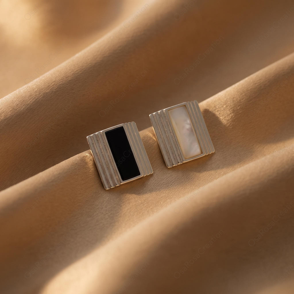 Art Deco Silver Rectangular Stud Earrings, Geometric Black White Architecture Jewelry