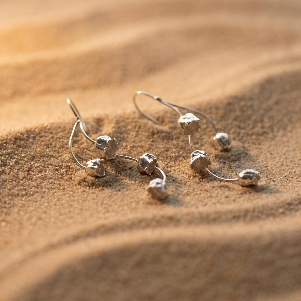 Sculptural 925 Sterling Silver Drop Earrings, Organic Botanical Dangle Jewelry