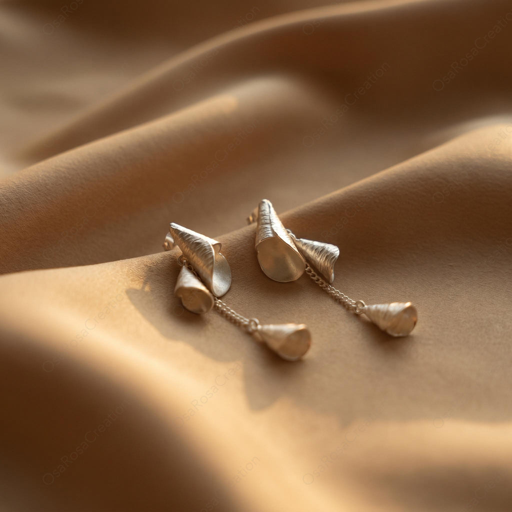 Sculptural Shell Drop Earrings, Platinum Plated, Greco-Roman Jewelry