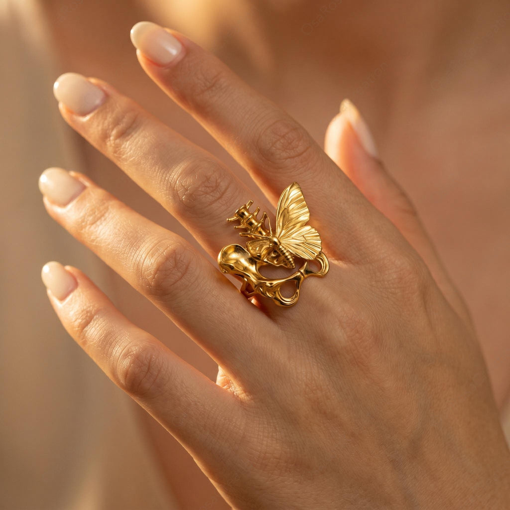 Gold Butterfly Ring, Art Nouveau Insect Jewelry, Botanical Filigree Statement Ring