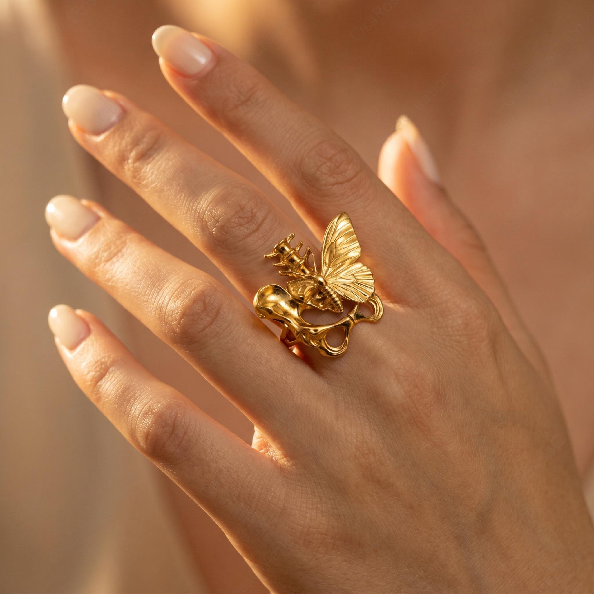 Gold Butterfly Ring, Art Nouveau Insect Jewelry, Botanical Filigree Statement Ring