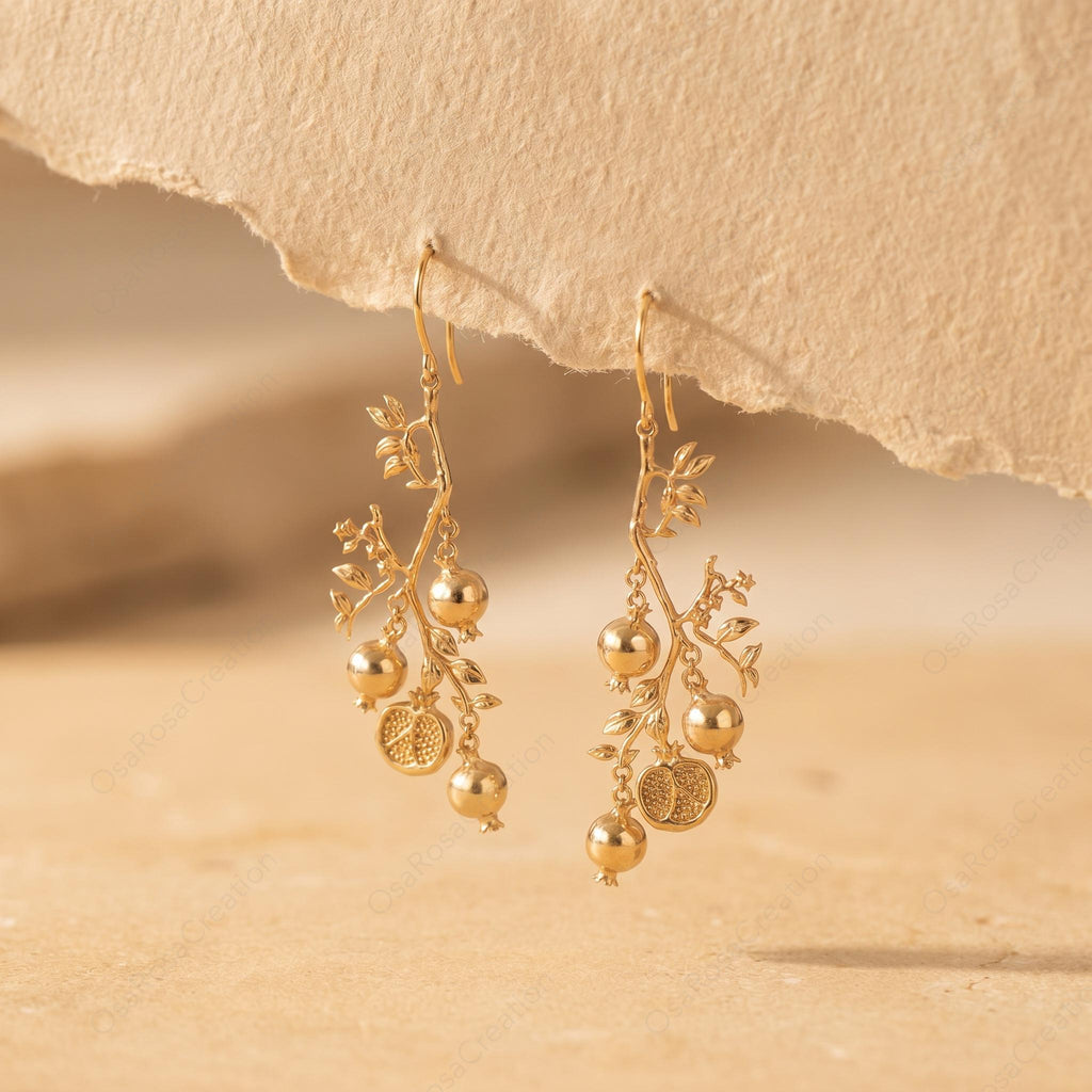 Pomegranate Earrings Gold Botanical Style | Nature Inspired Drop Earrings | Baroque Plant Jewelry for Women 5cm