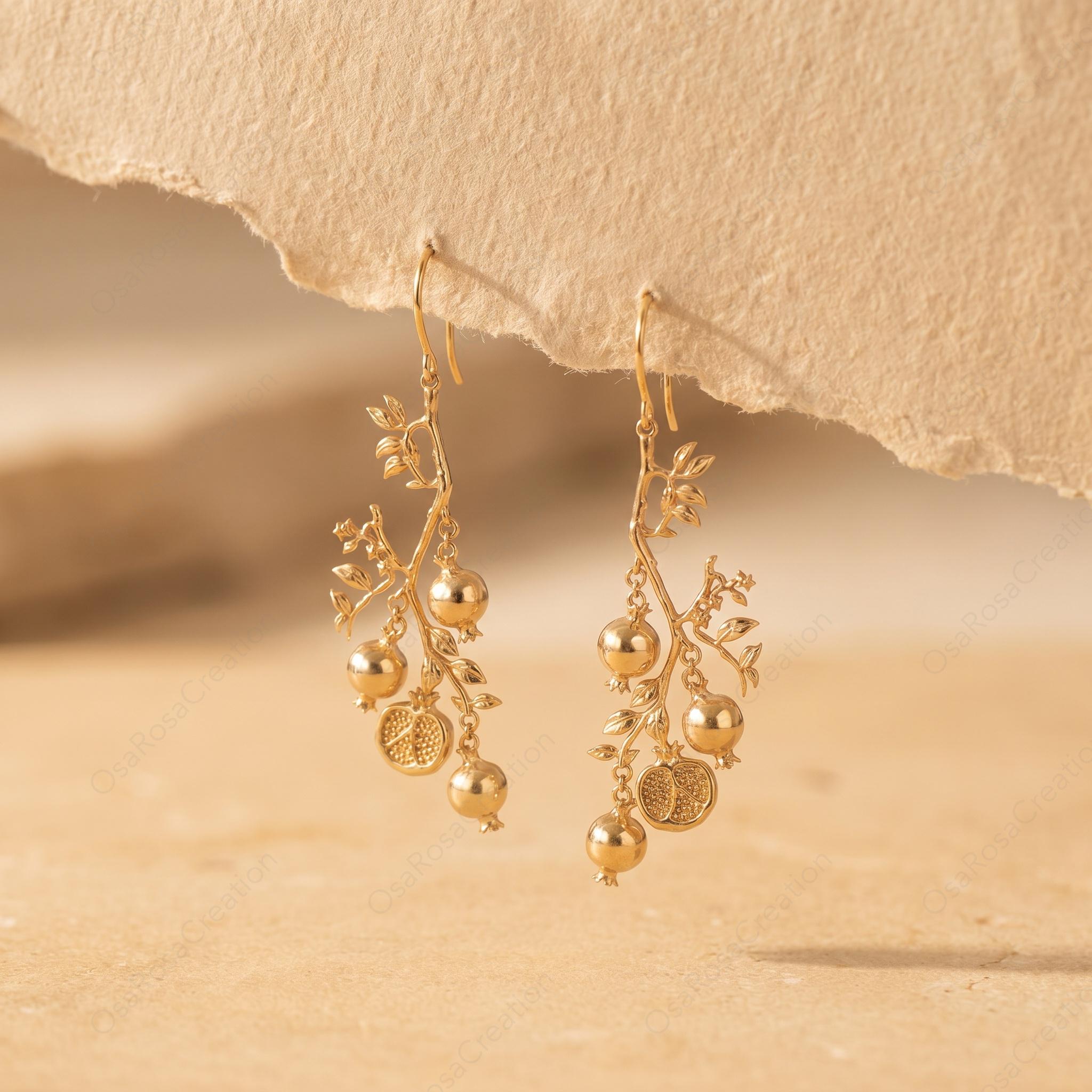 Pomegranate Earrings Gold Botanical Style | Nature Inspired Drop Earrings | Baroque Plant Jewelry for Women 5cm