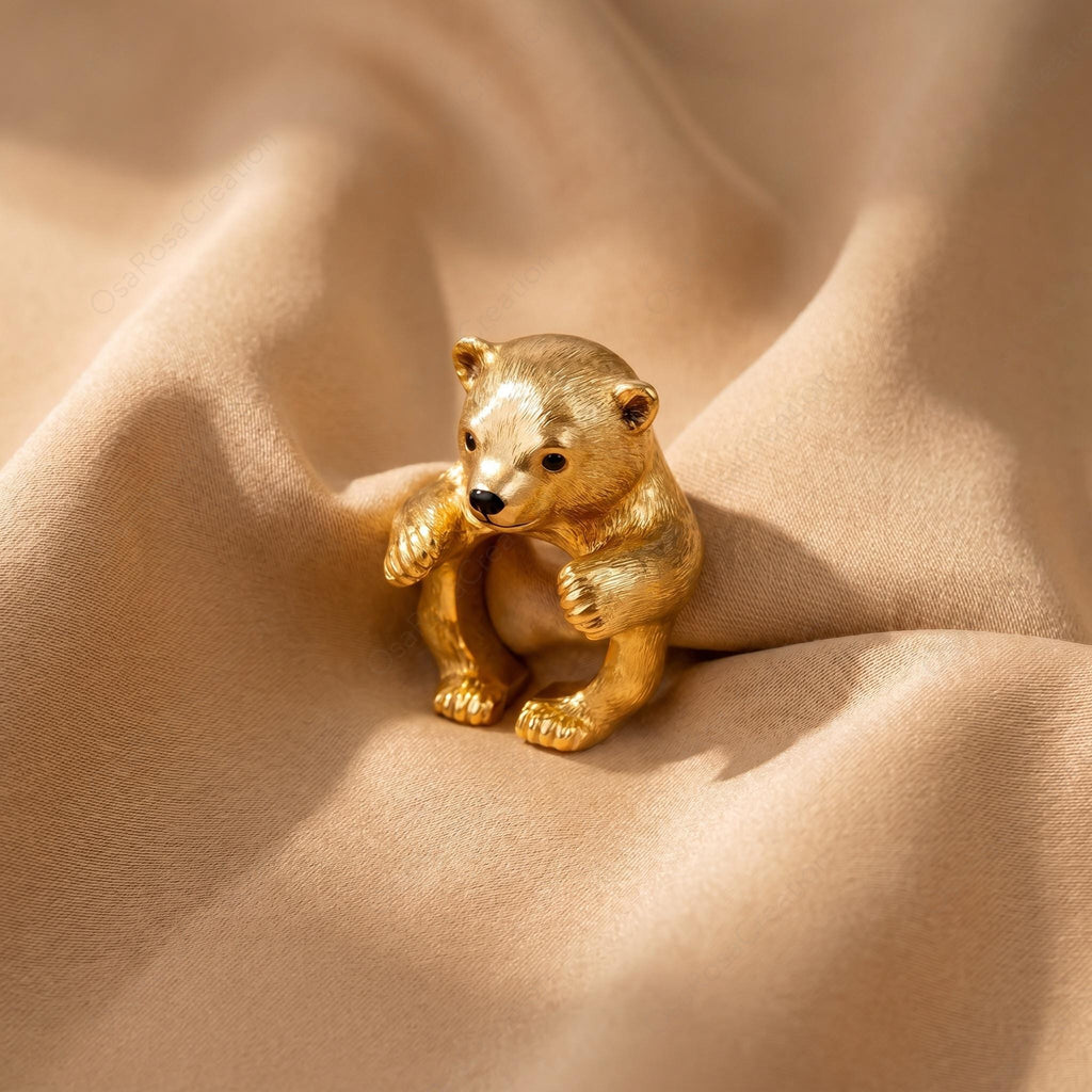 Sculptural Gold Bear Ring | Woodland Animal Hugging Jewelry, Nature Inspired Gift