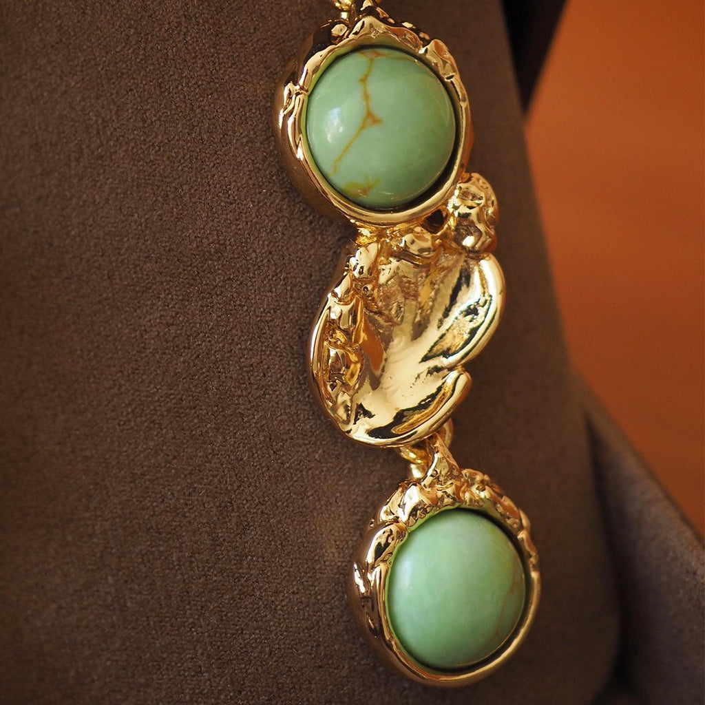 Gold Turquoise Dangle Earrings, Baroque Sculptural Jewelry, 925 Silver Post