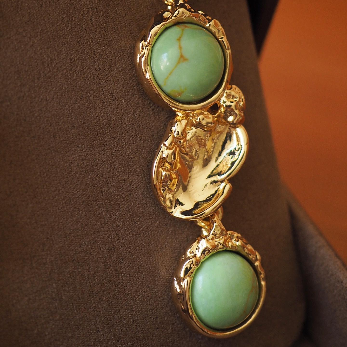 Gold Turquoise Dangle Earrings, Baroque Sculptural Jewelry, 925 Silver Post