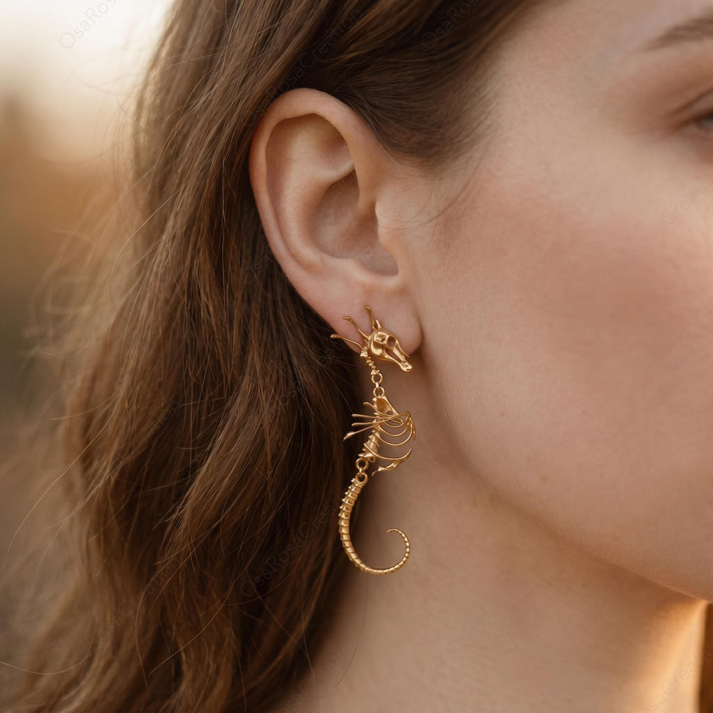 Siren’s Abyss Flower Seahorse Bone Earrings — Gold Plated Jewelry