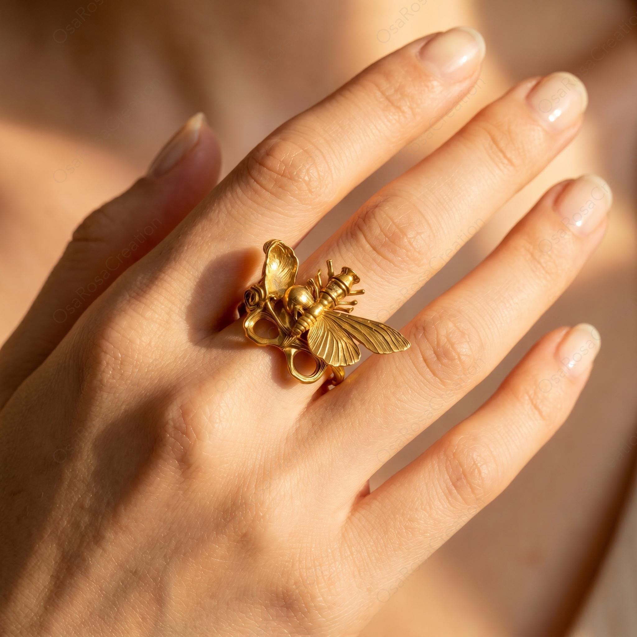 Gold Butterfly Ring, Art Nouveau Insect Jewelry, Botanical Filigree Statement Ring
