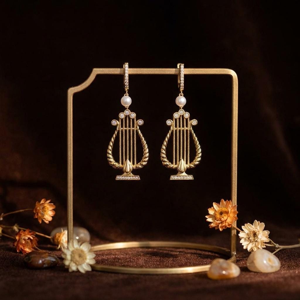 Pearl Lyre Harp Earrings • Gold Music Jewelry, Musician Gift