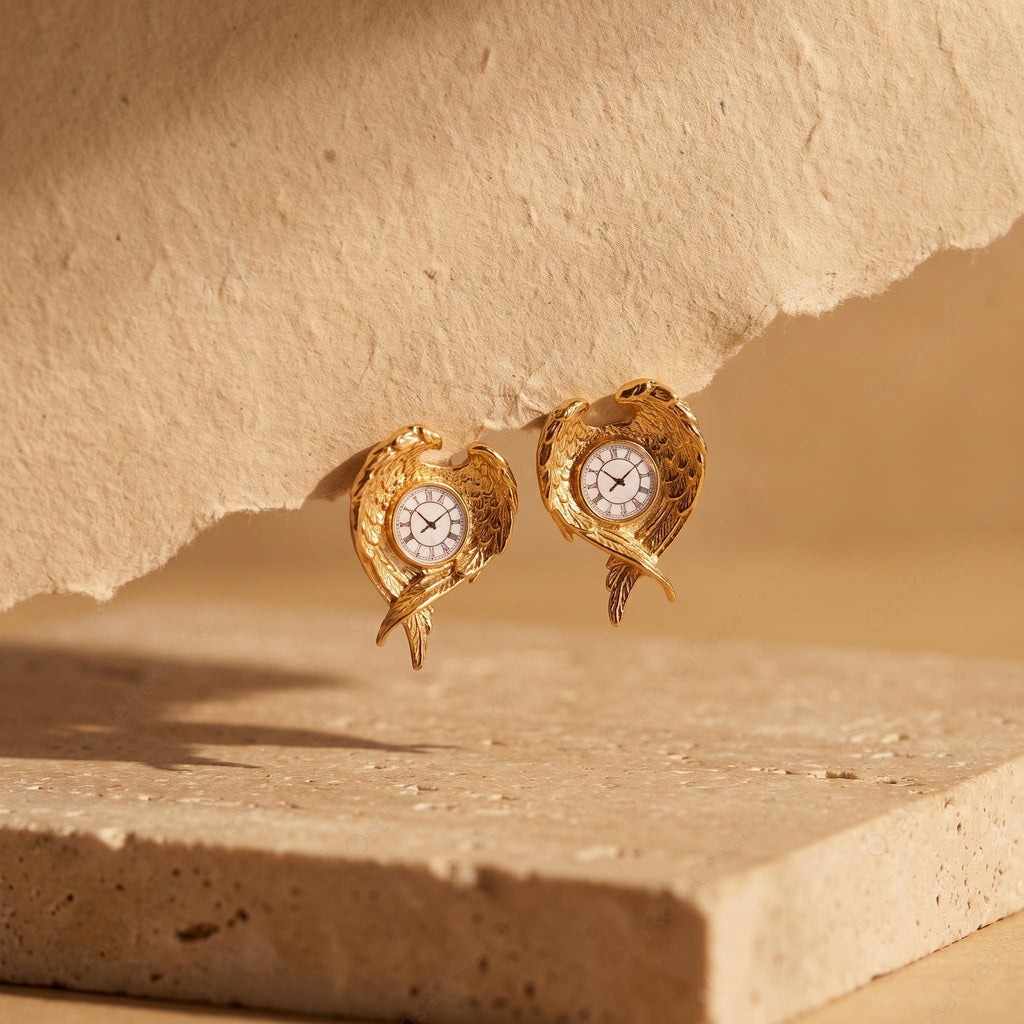 Gold Angel Wing Clock Earrings, Vintage Timepiece Studs, Surrealist Art Jewelry