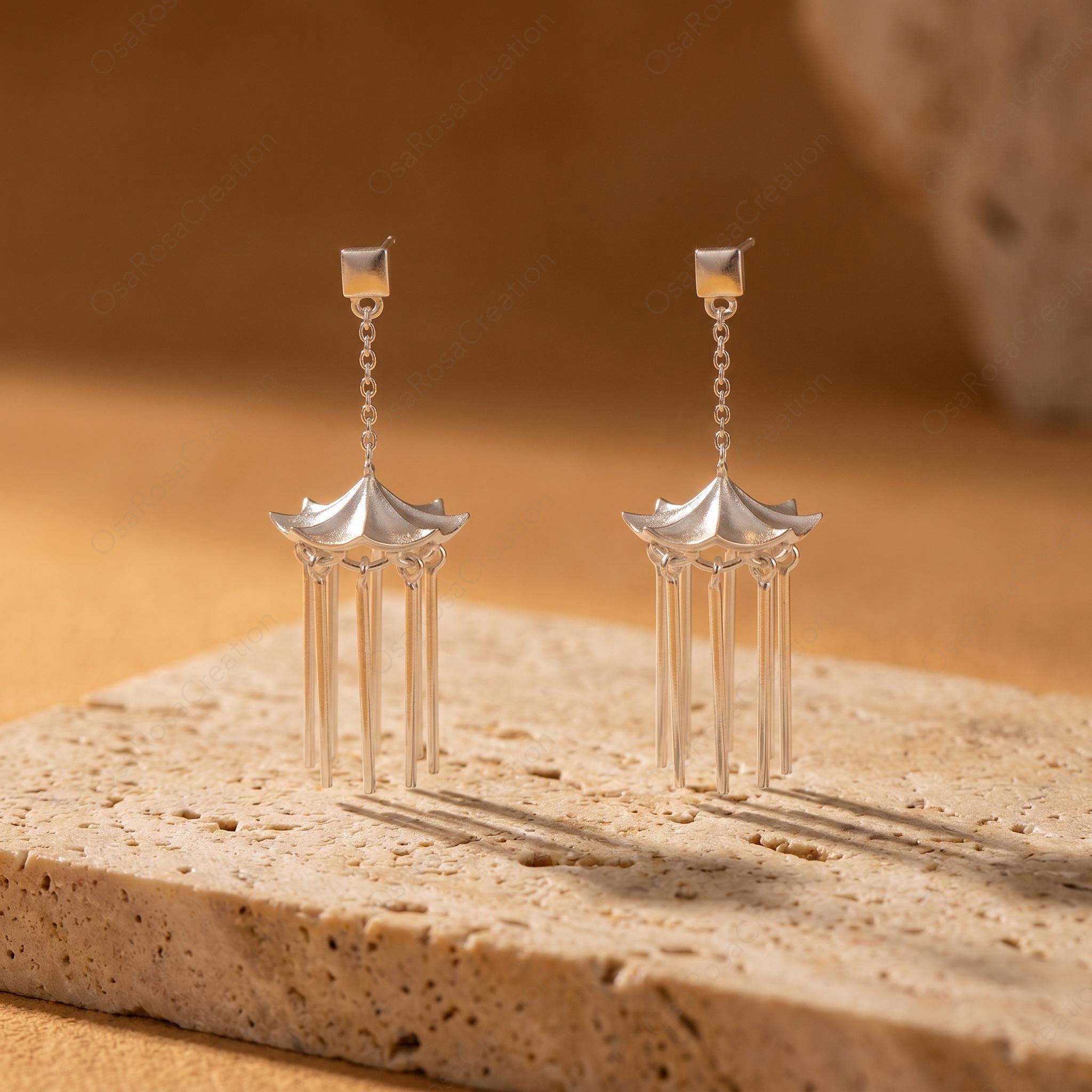 Silver Pavilion Tassel Earrings, Architectural Dangle Earrings, Minimalist Chandelier Drops, Geometric Art Jewelry