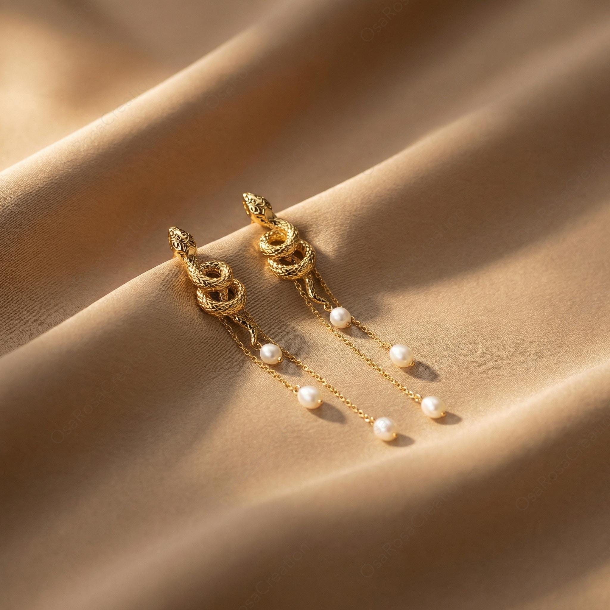 Gold Serpent Drop Earrings with Pearl Tassels, Artistic Statement Jewelry