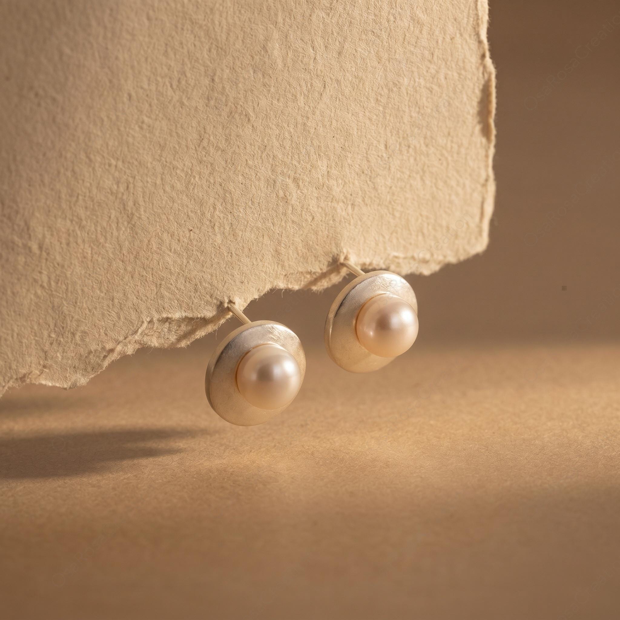 Matte Silver Pearl Stud Earrings, Geometric Minimalist Bridal Jewelry, Modern Elegant Everyday